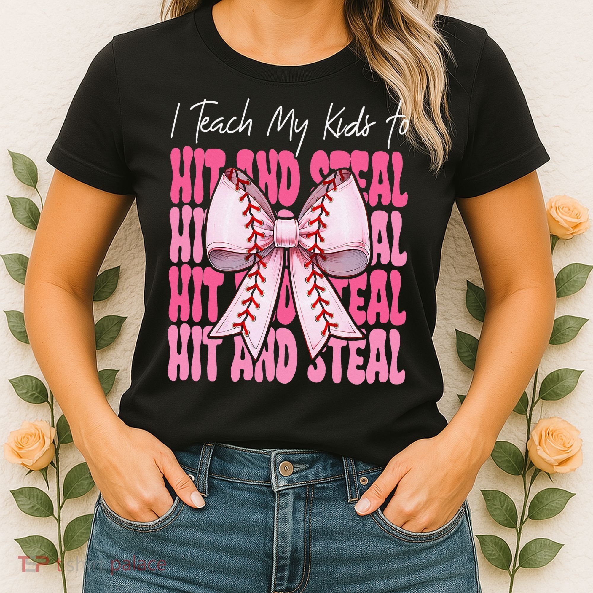 Baseball Mom Coquette Bow I Teach My To Hit And Steal Women's T-Shirt