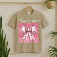 Baseball Mom Coquette Bow I Teach My To Hit And Steal T-Shirt thumb 2