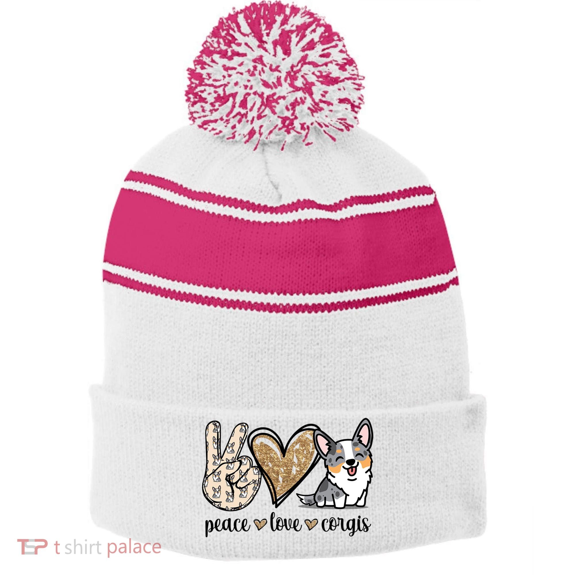 Blue Merle Corgi Gift Stripe Pom Pom Beanie