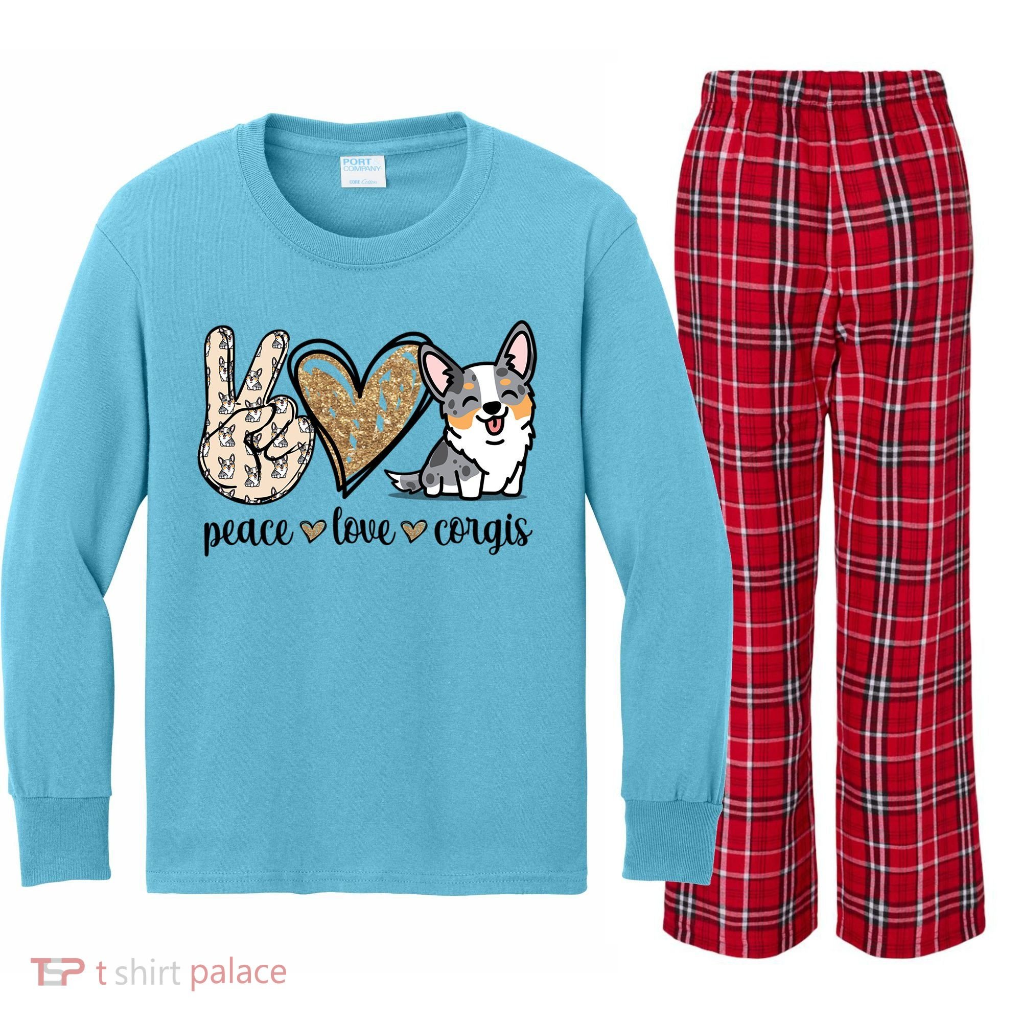 Blue Merle Corgi Gift Kids Long Sleeve Plaid Pajama Set