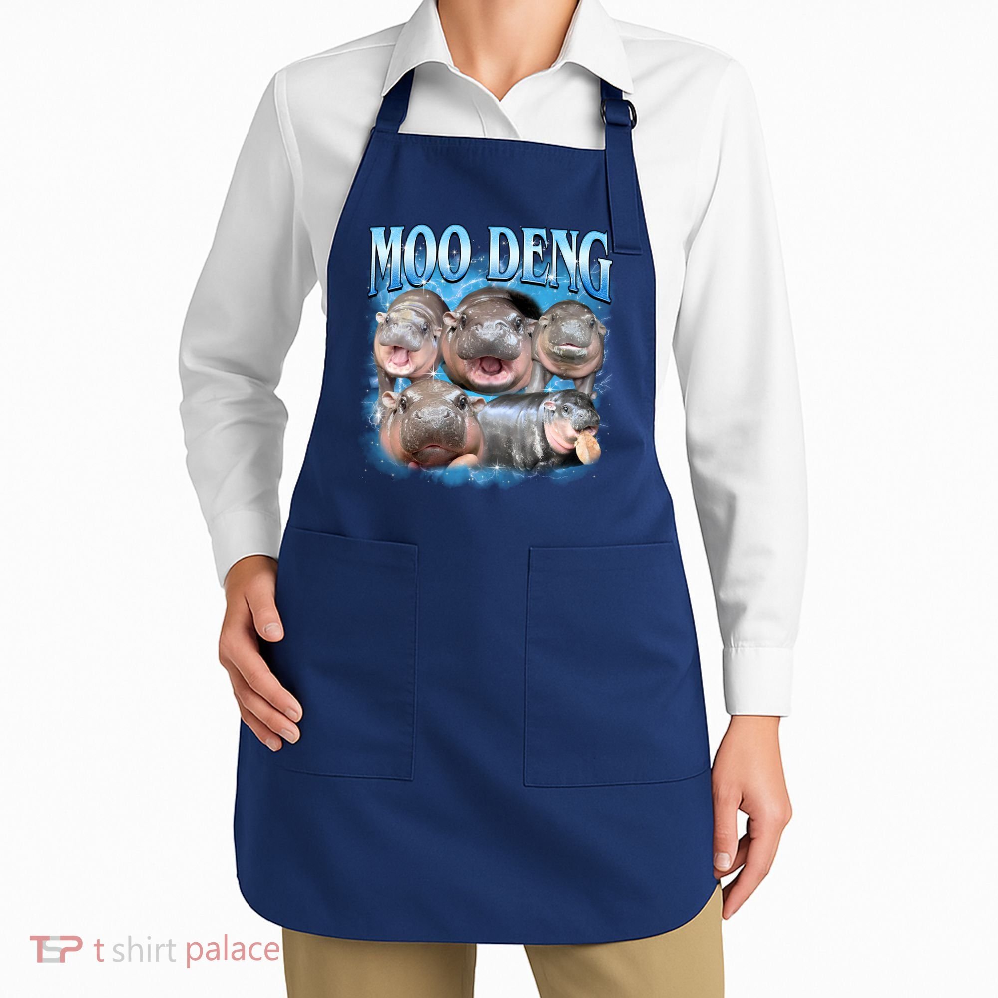 Blue Moo Deng Meme Hippo Funny Apron