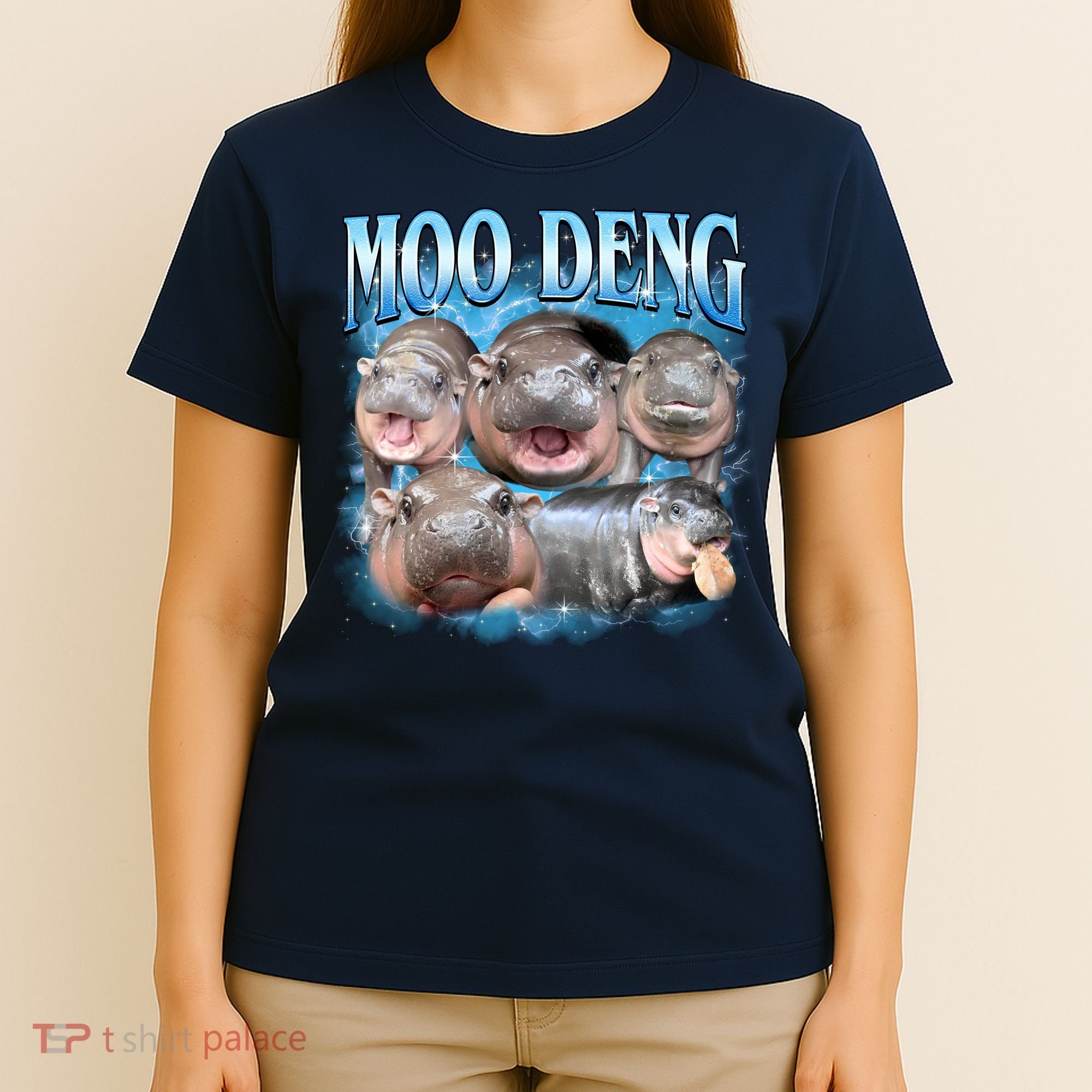 Blue Moo Deng Meme Hippo Funny T-Shirt