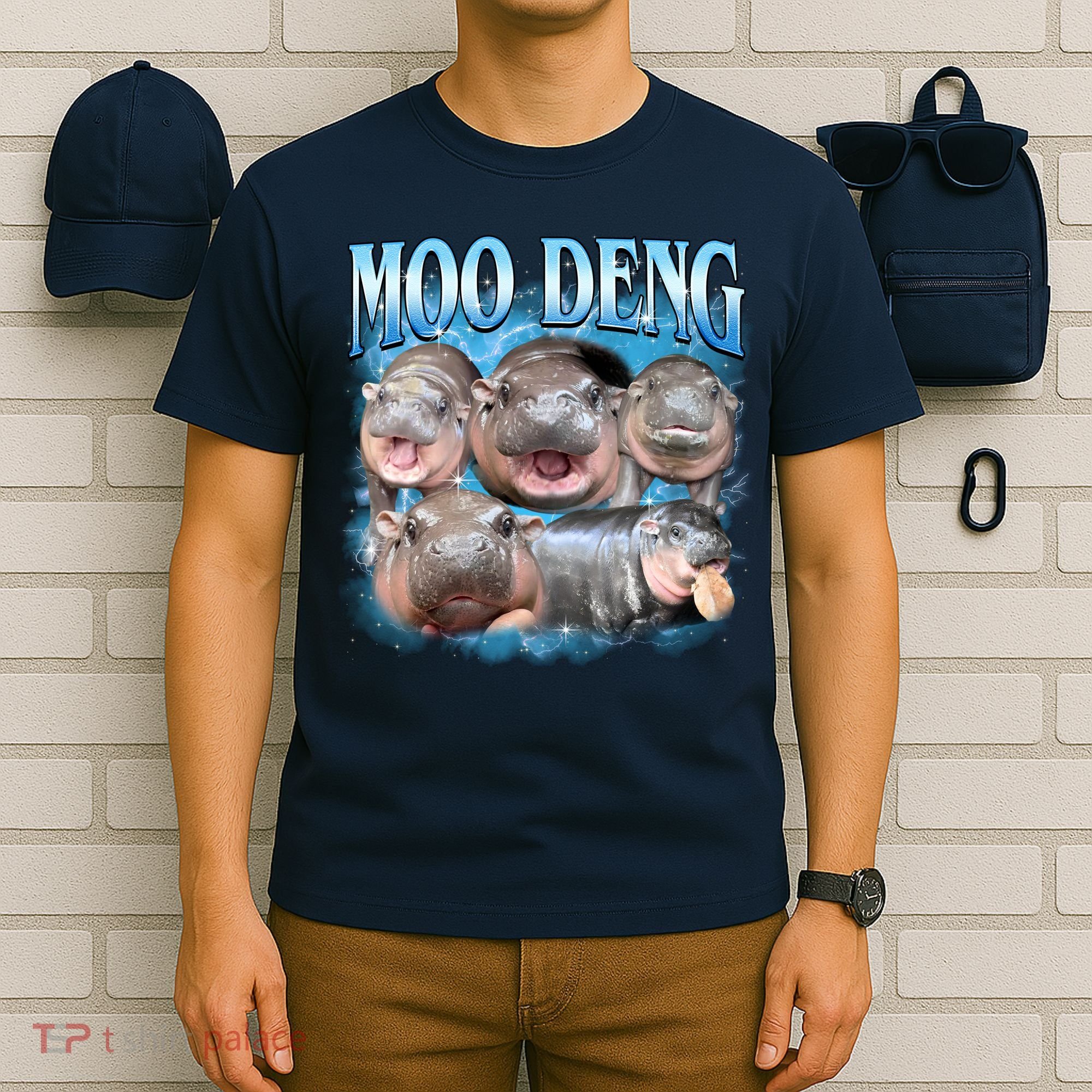 Blue Moo Deng Meme Hippo Funny T-Shirt