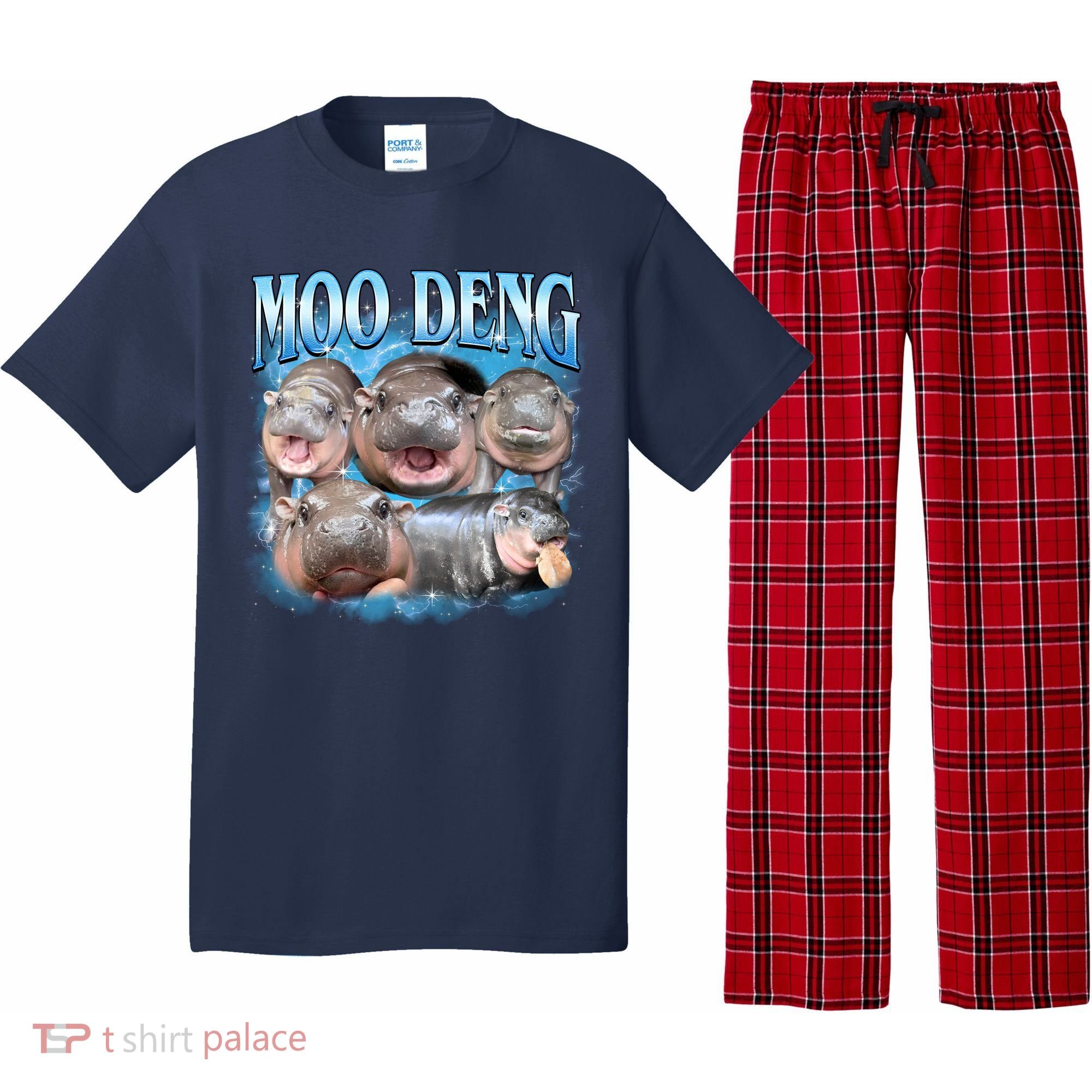 Blue Moo Deng Meme Hippo Funny Pajama Set