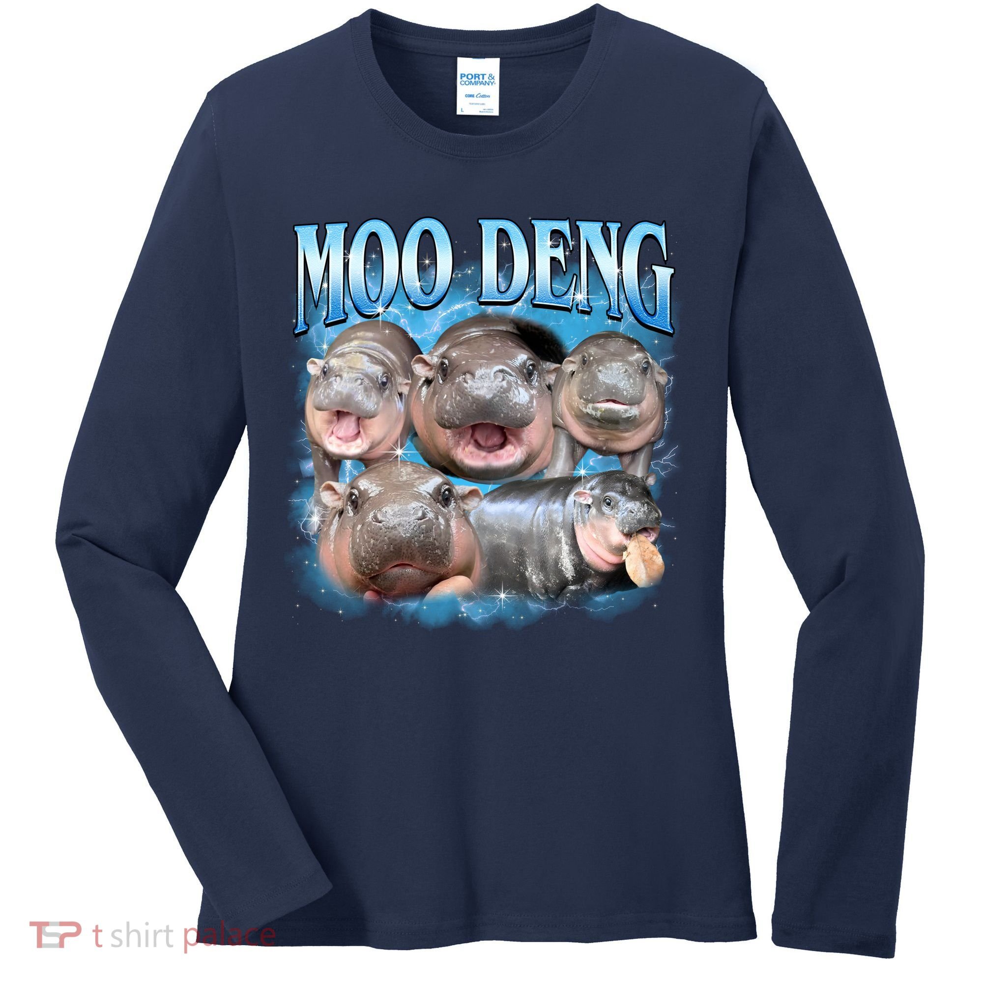 Blue Moo Deng Meme Hippo Funny Women's Long Sleeve Shirt
