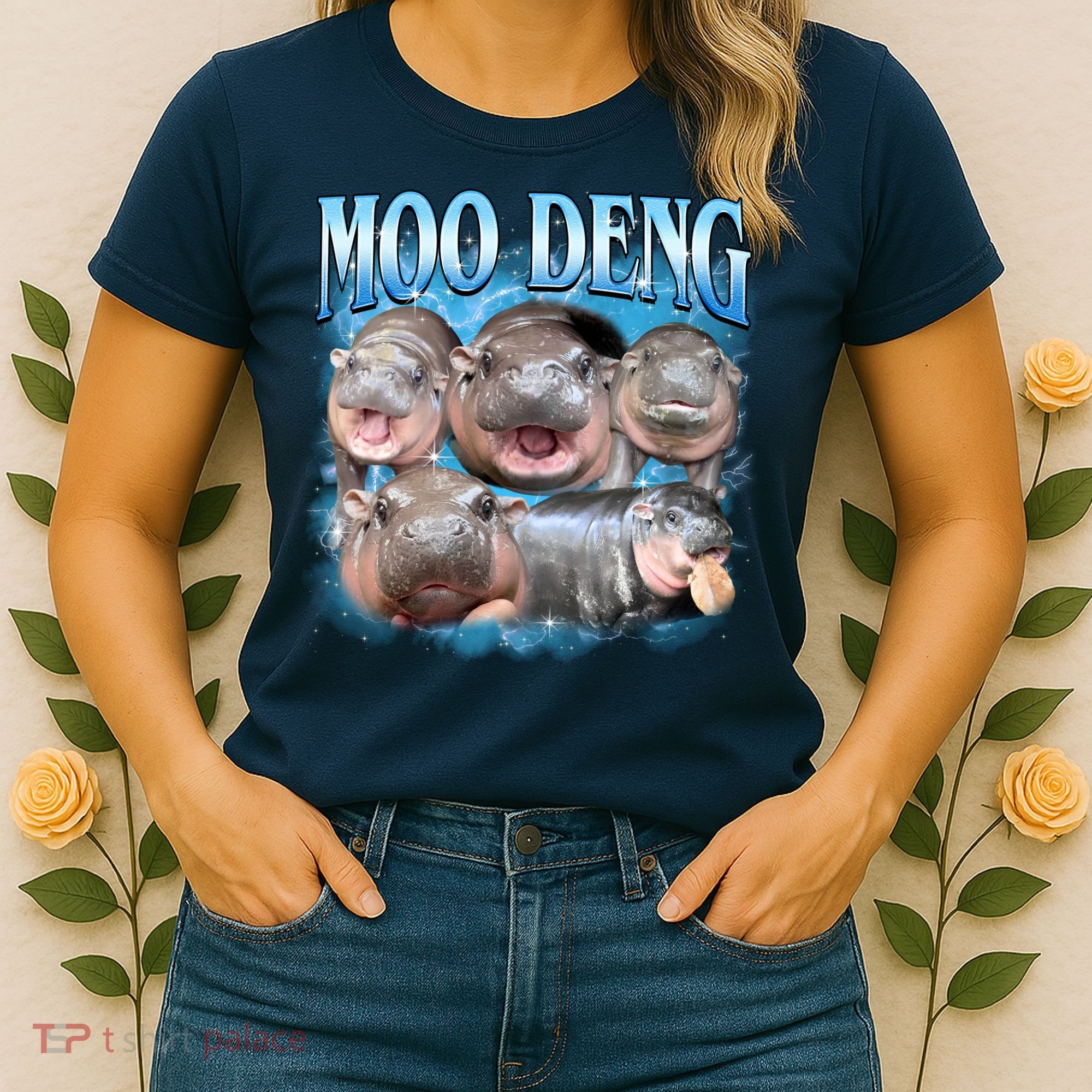 Blue Moo Deng Meme Hippo Funny Women's T-Shirt