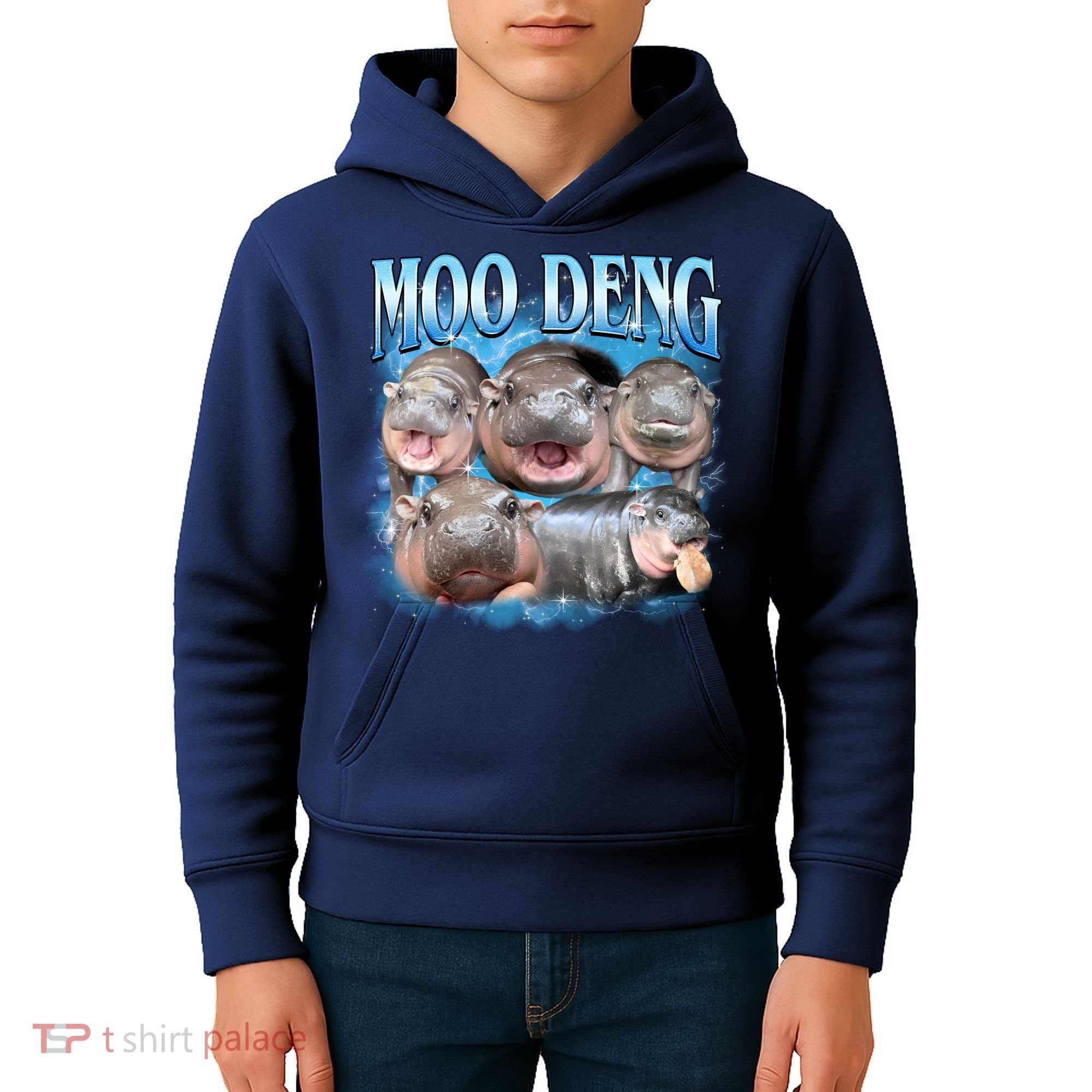 Blue Moo Deng Meme Hippo Funny Kids Hoodie