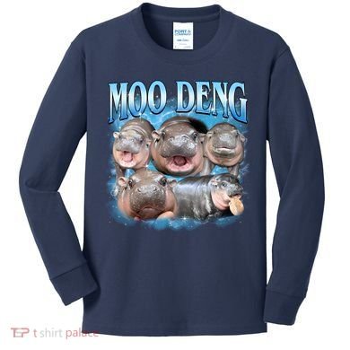 Blue Moo Deng Meme Hippo Funny Kids Long Sleeve Shirt