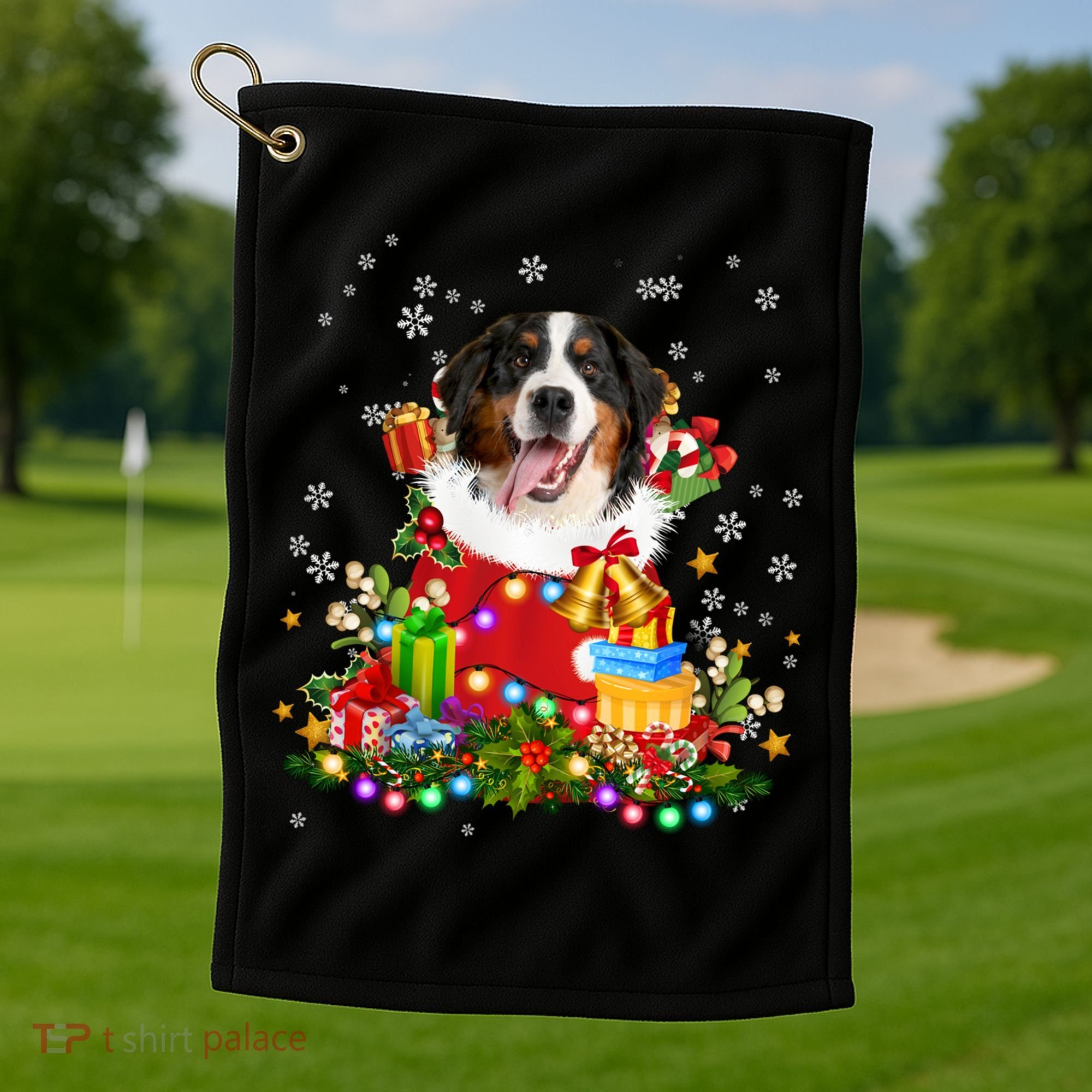 Bernese Mountain Dog Christmas Tree Lights Pajamas Xmas Gift Golf Towel