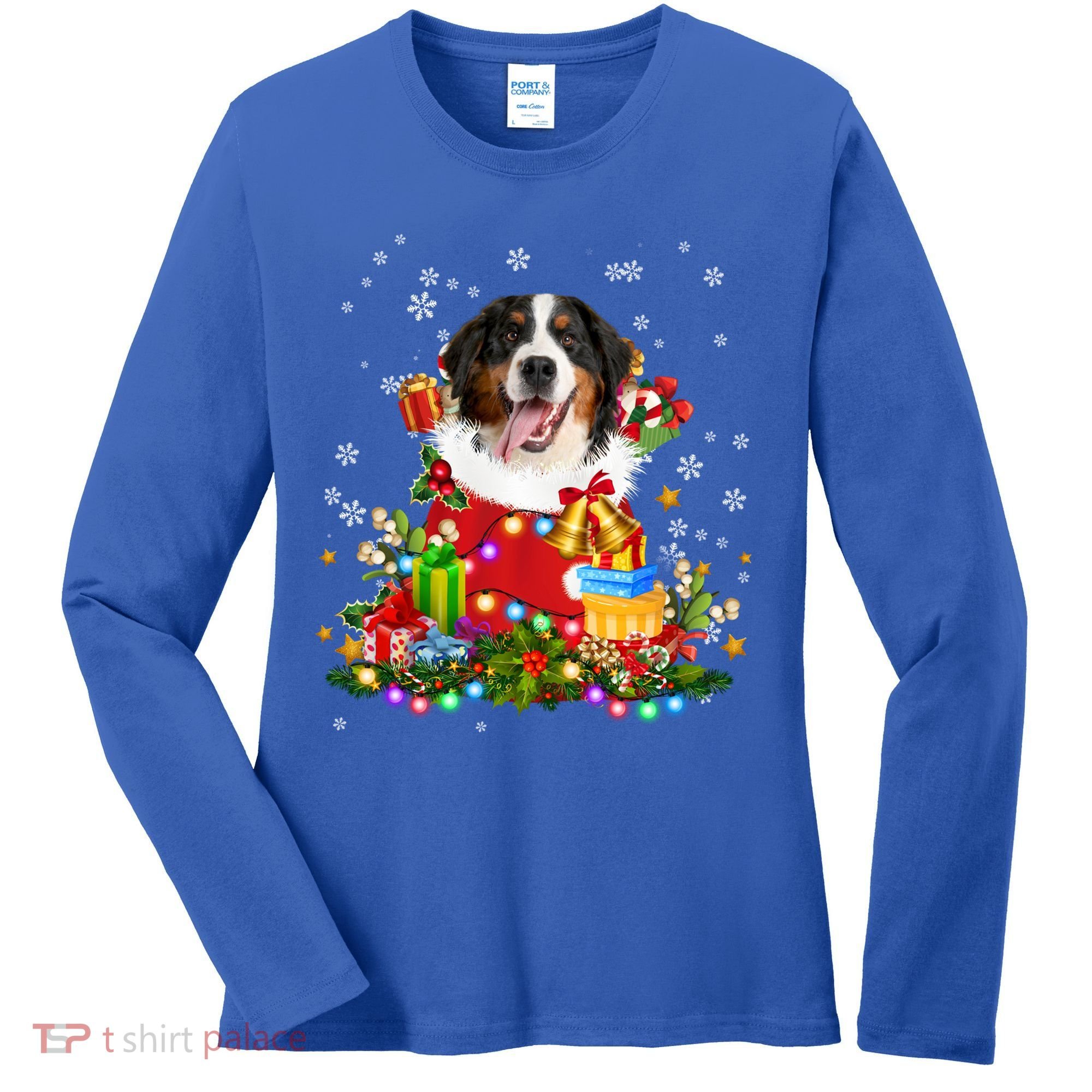 Bernese Mountain Dog Christmas Tree Lights Pajamas Xmas Gift Women's Long Sleeve Shirt