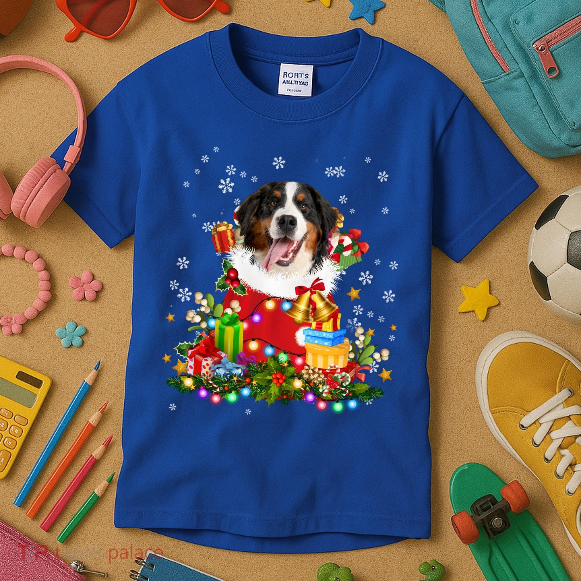 Bernese Mountain Dog Christmas Tree Lights Pajamas Xmas Gift Kids T-Shirt