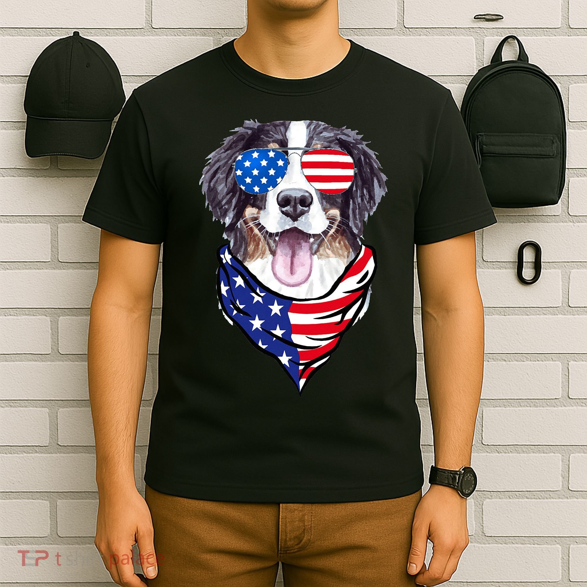 Bernese Mountain Dog American Flag Glasses 4th of July T-Shirt