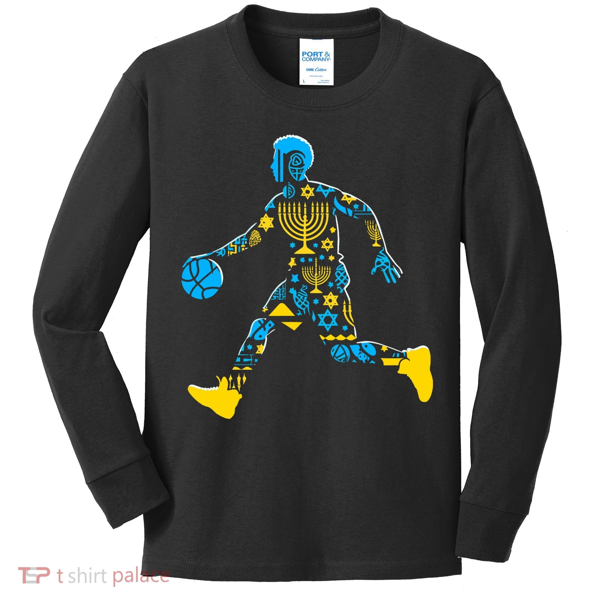Basketball Menorah Dreidel Jewish Hanukkah Kids Long Sleeve Shirt