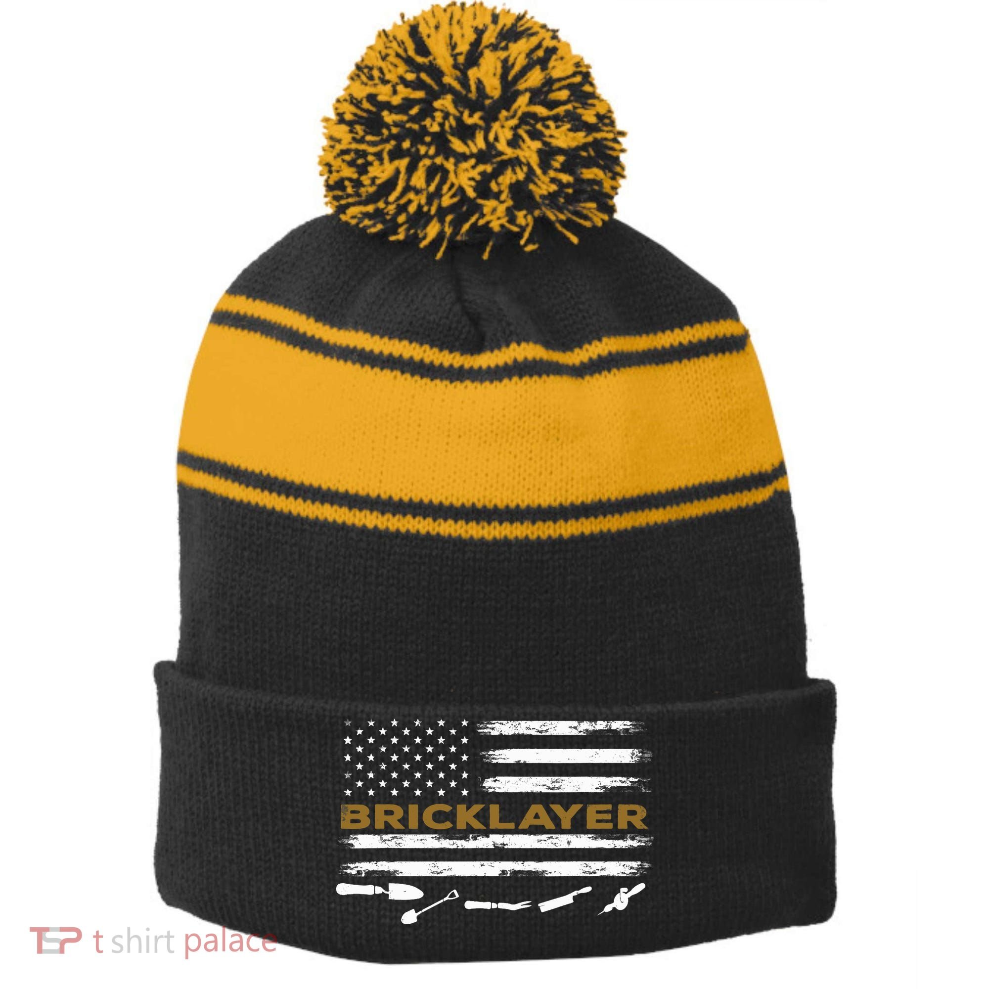 Brick Mason Funny Quote Bricklayer Masonry Construction US Stripe Pom Pom Beanie