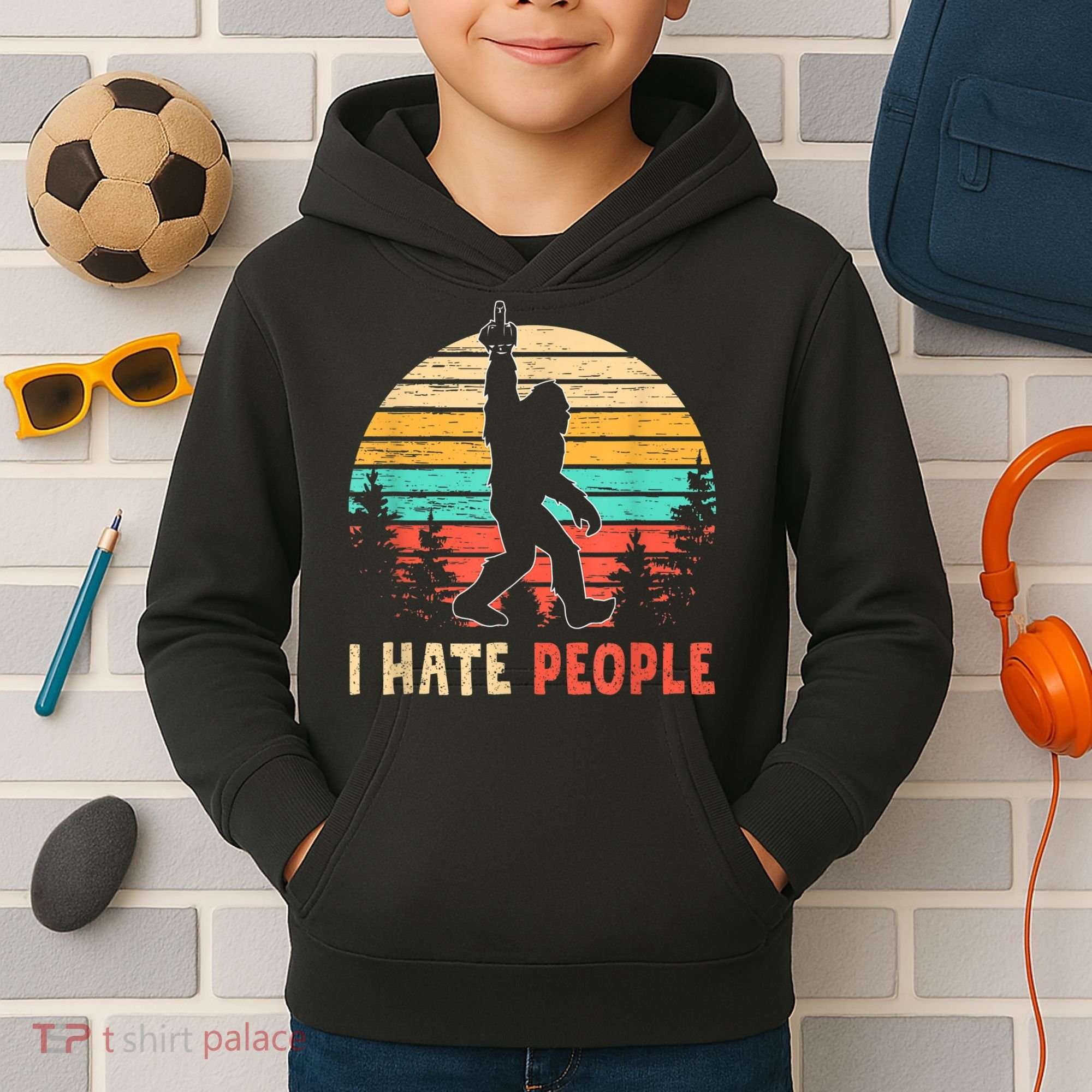 Bigfoot Middle Finger I Hate People Abduction Sasquatch Kids Hoodie
