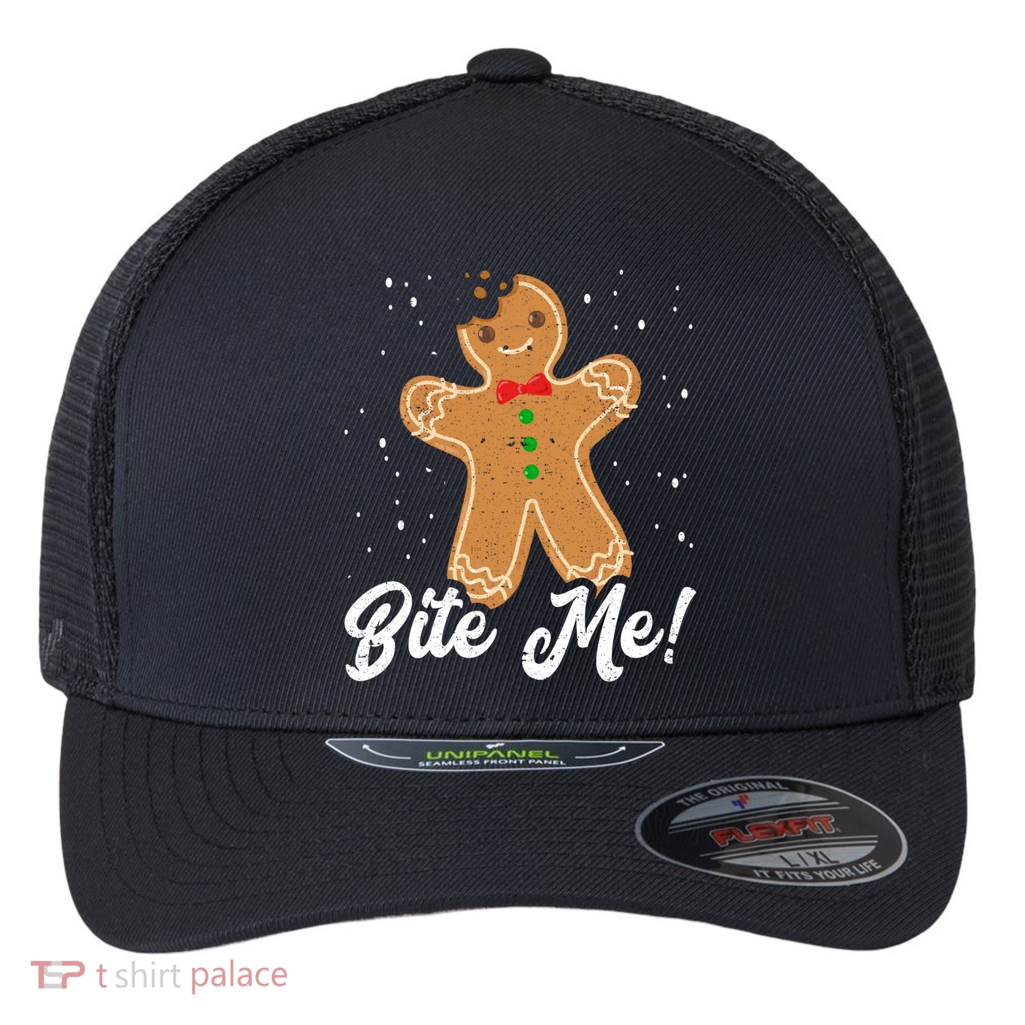 Bite Me Funny Gingerbread Christmas Holiday Cookie Meaningful Gift Flexfit Unipanel Trucker Cap