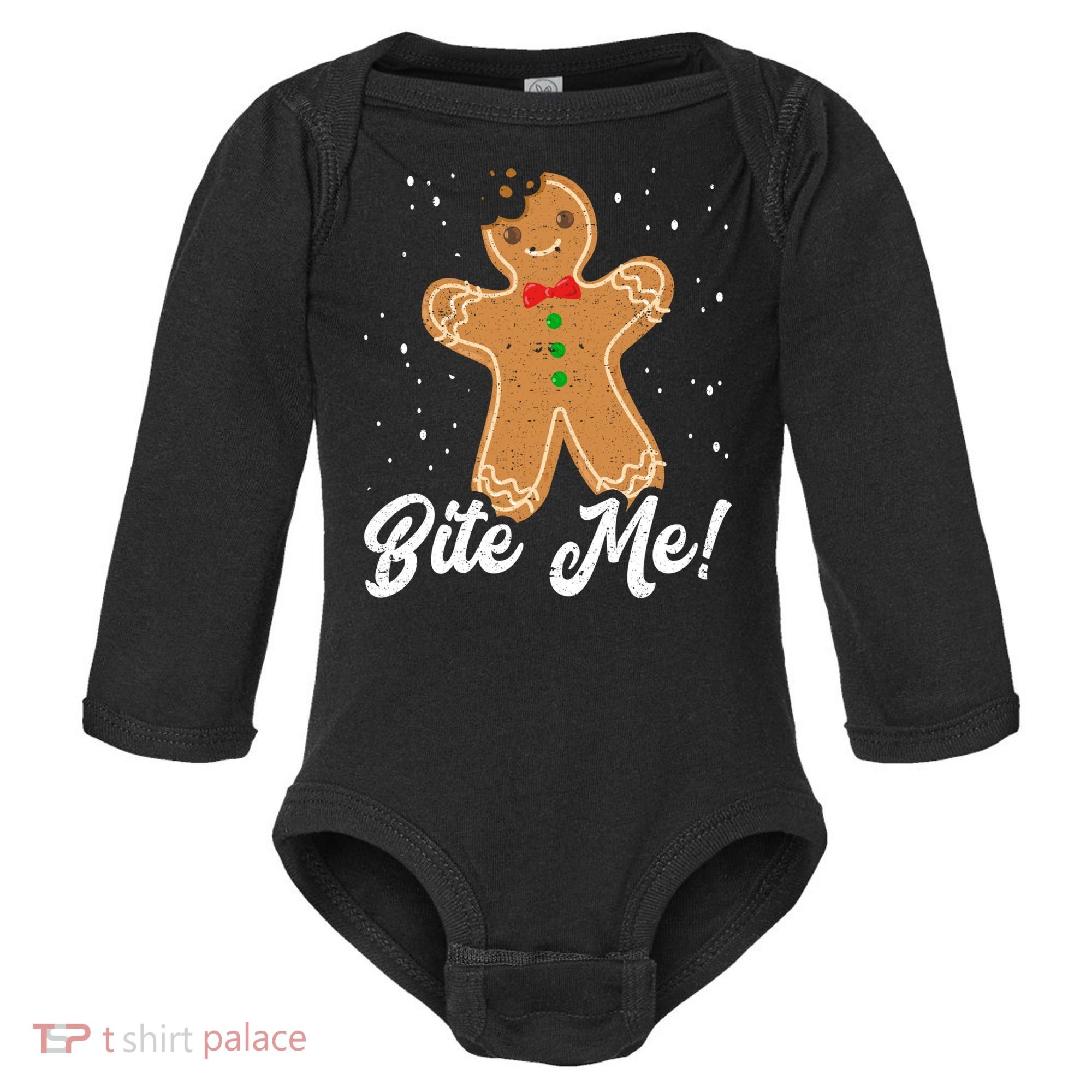 Bite Me Funny Gingerbread Christmas Holiday Cookie Meaningful Gift Baby Long Sleeve Bodysuit