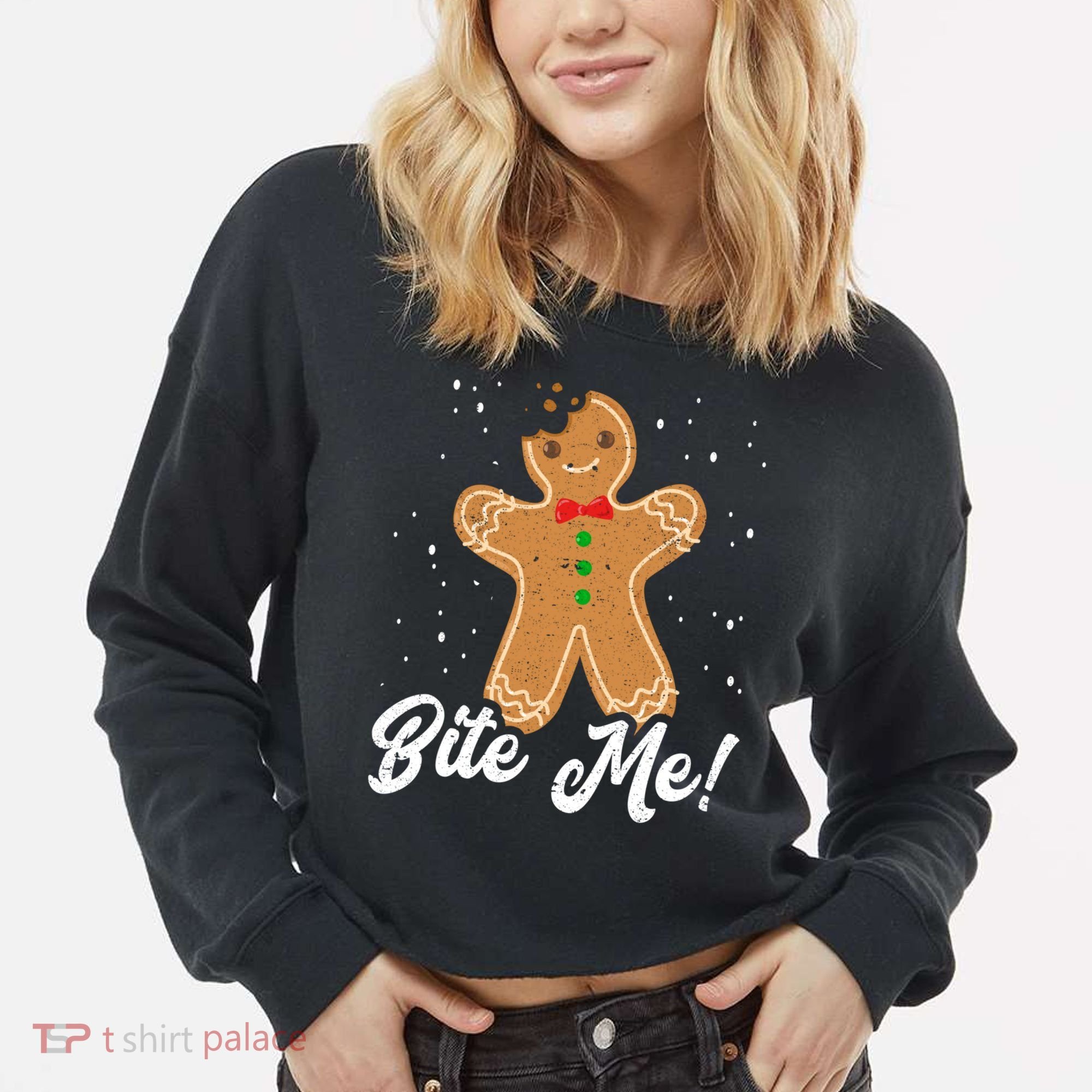 Bite Me Funny Gingerbread Christmas Holiday Cookie Meaningful Gift Cropped Pullover Crew