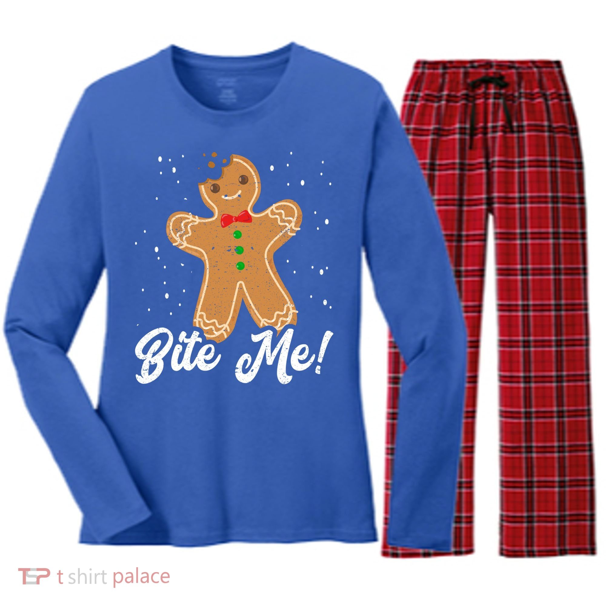 Bite Me Funny Gingerbread Christmas Holiday Cookie Meaningful Gift Women's Long Sleeve Flannel Pajama Set 