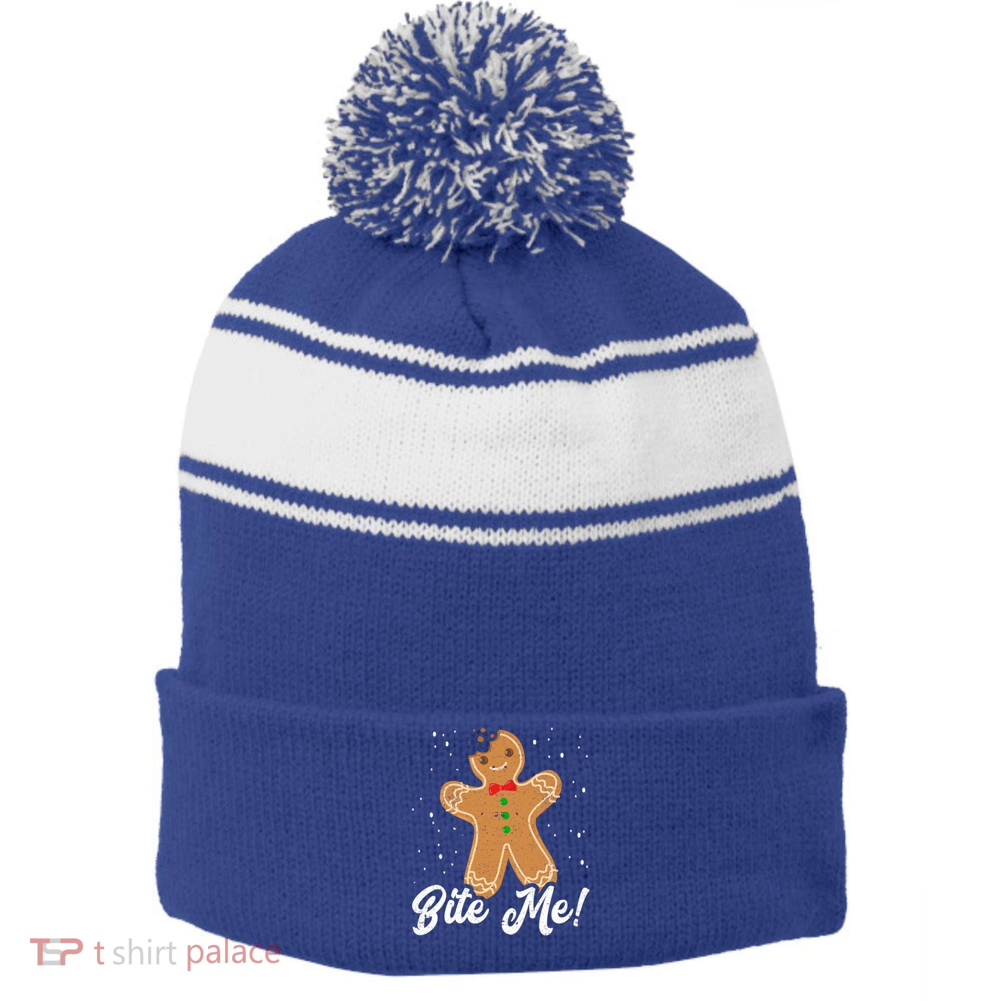 Bite Me Funny Gingerbread Christmas Holiday Cookie Meaningful Gift Stripe Pom Pom Beanie
