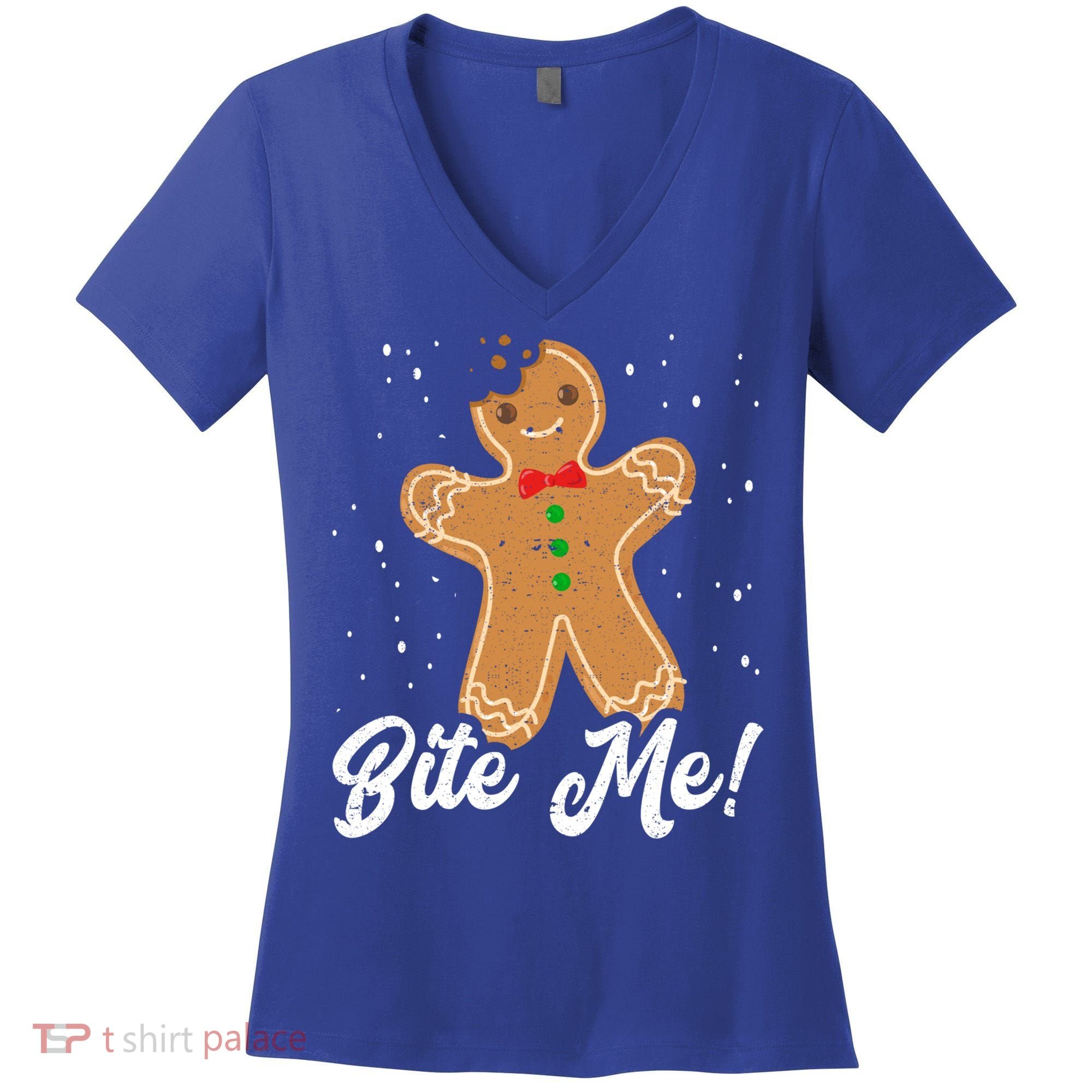 Bite Me Funny Gingerbread Christmas Holiday Cookie Meaningful Gift Women's V-Neck T-Shirt
