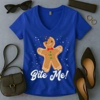 Bite Me Funny Gingerbread Christmas Holiday Cookie Meaningful Gift Women's V-Neck T-Shirt thumb 2