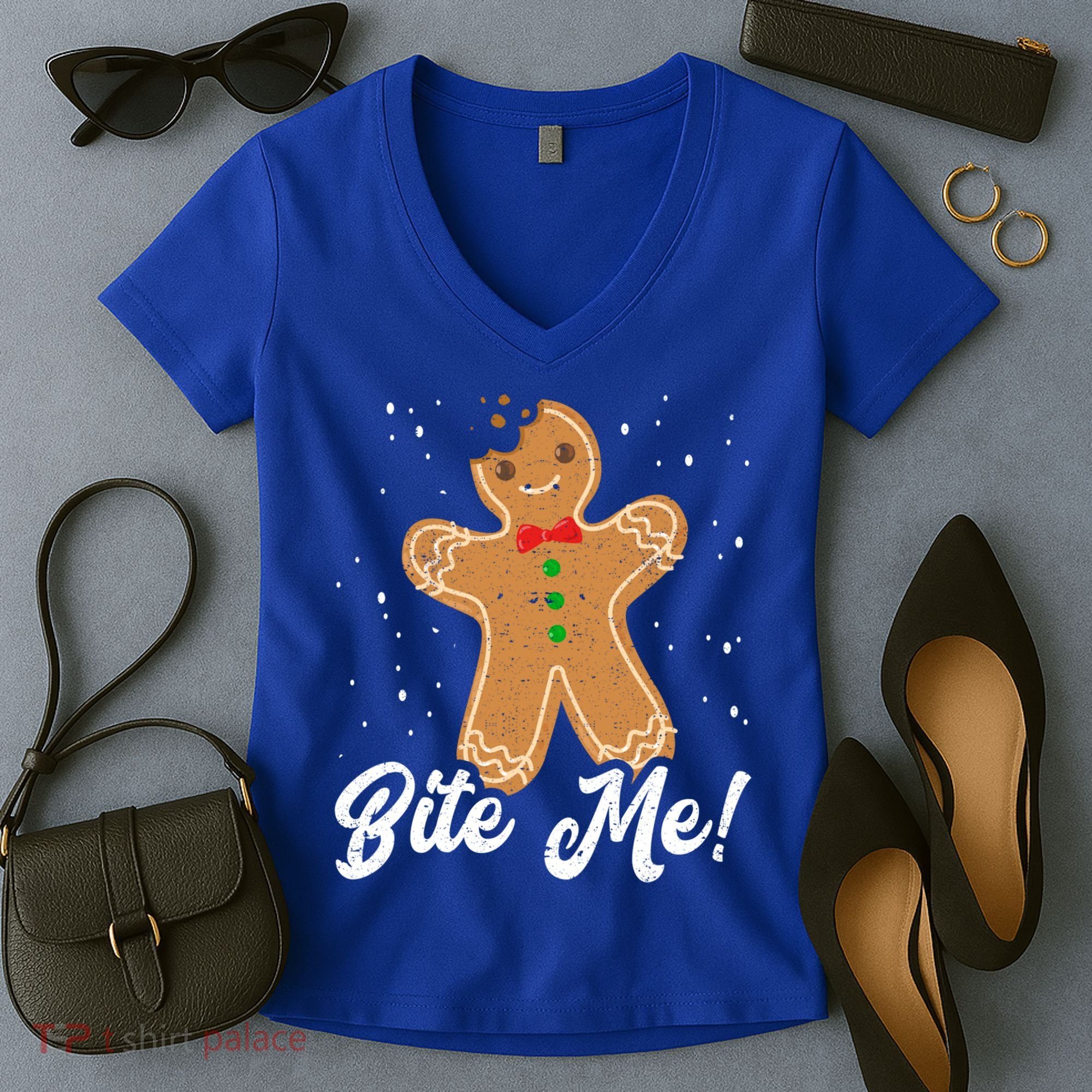 Bite Me Funny Gingerbread Christmas Holiday Cookie Meaningful Gift Women's V-Neck T-Shirt