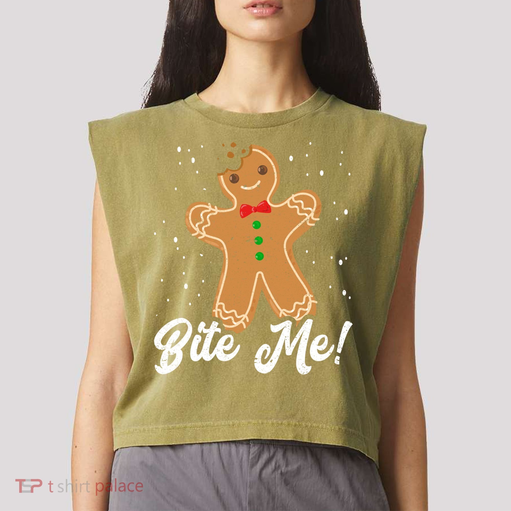 Bite Me Funny Gingerbread Christmas Holiday Cookie Meaningful Gift Garment-Dyed Women's Muscle Tee