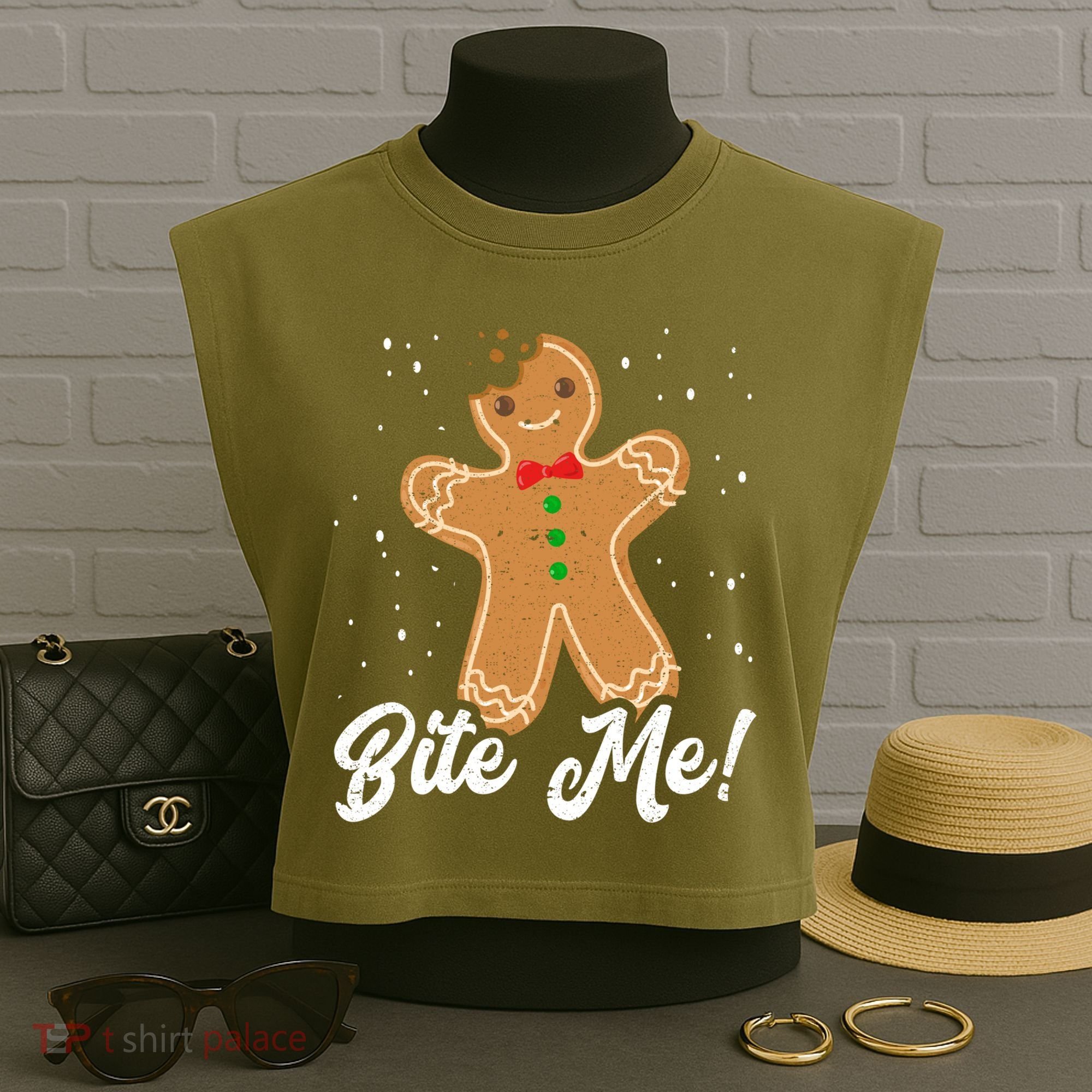 Bite Me Funny Gingerbread Christmas Holiday Cookie Meaningful Gift Garment-Dyed Women's Muscle Tee