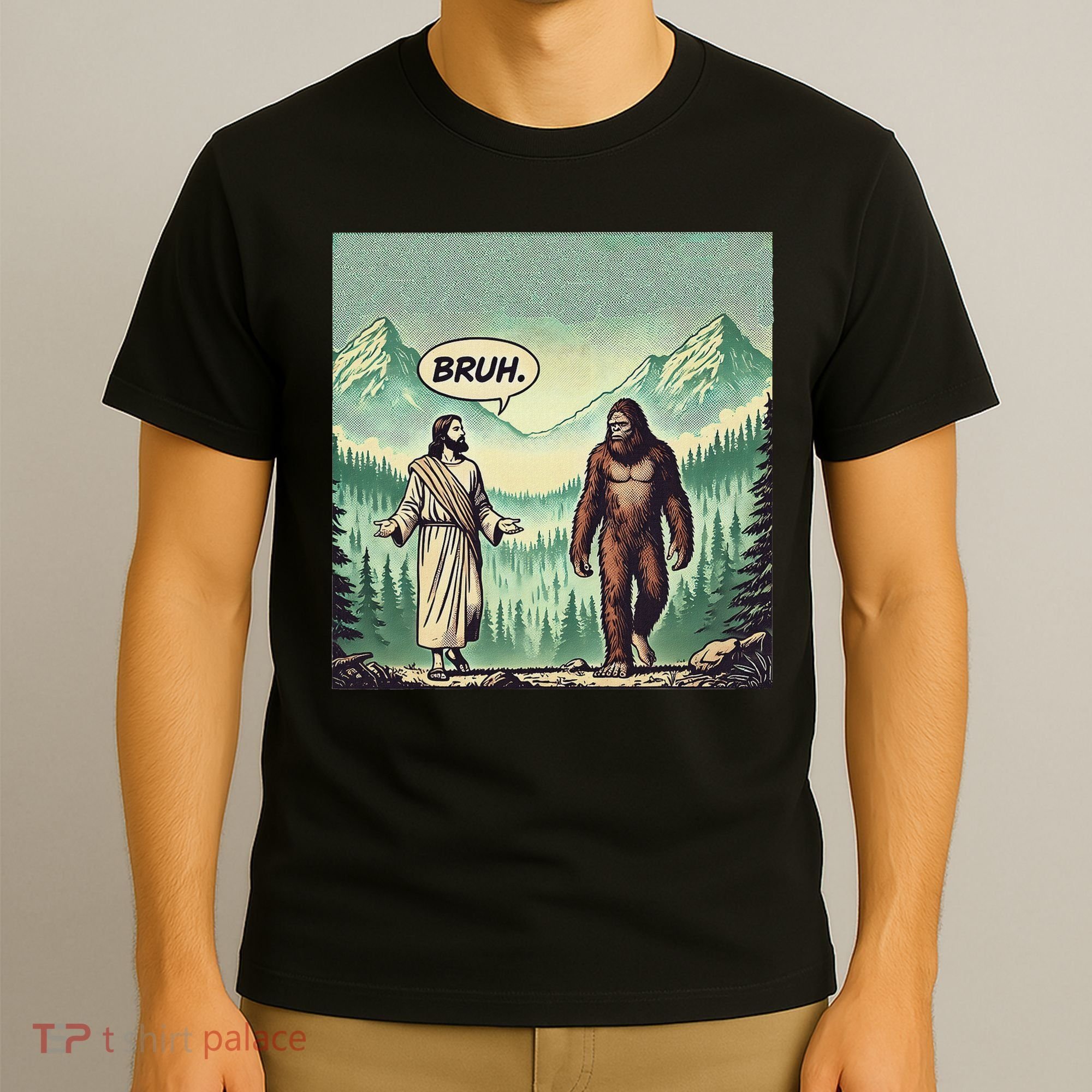 Bruh Meme Funny Jesus Bigfoot Vintage Comic Book Catholic T-Shirt
