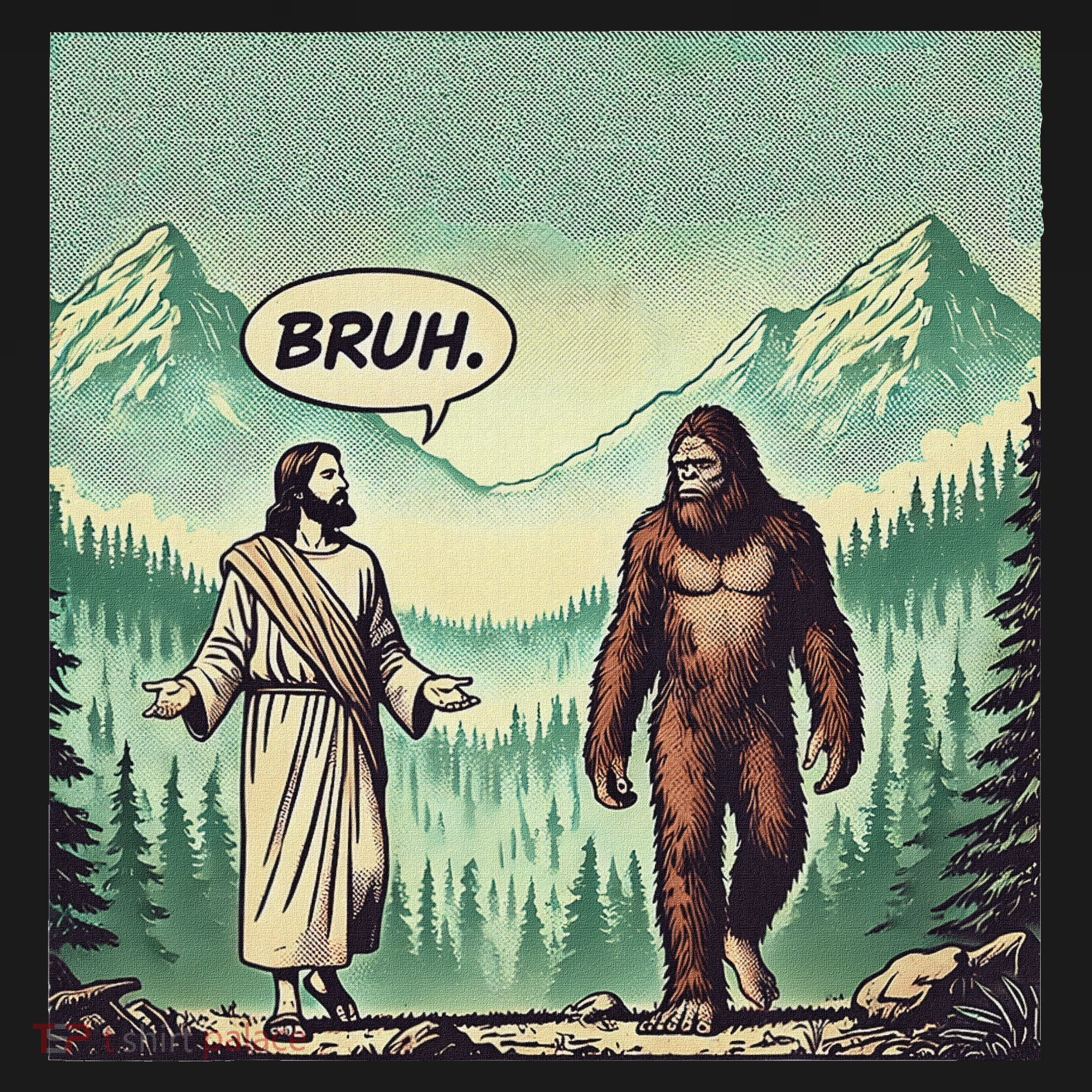 Bruh Meme Funny Jesus Bigfoot Vintage Comic Book Catholic T-Shirt