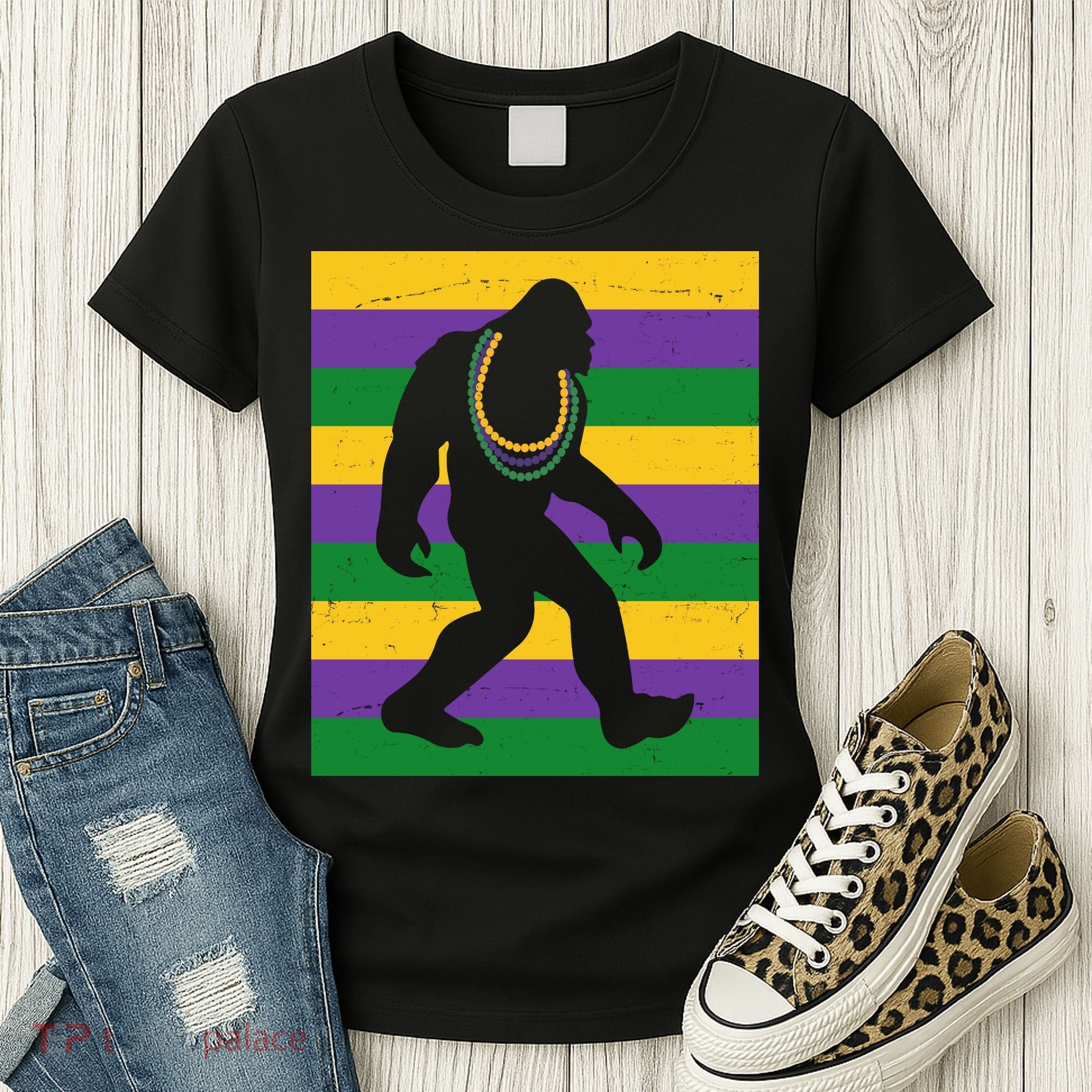 Bigfoot Mardi Gras Festive Women's T-Shirt
