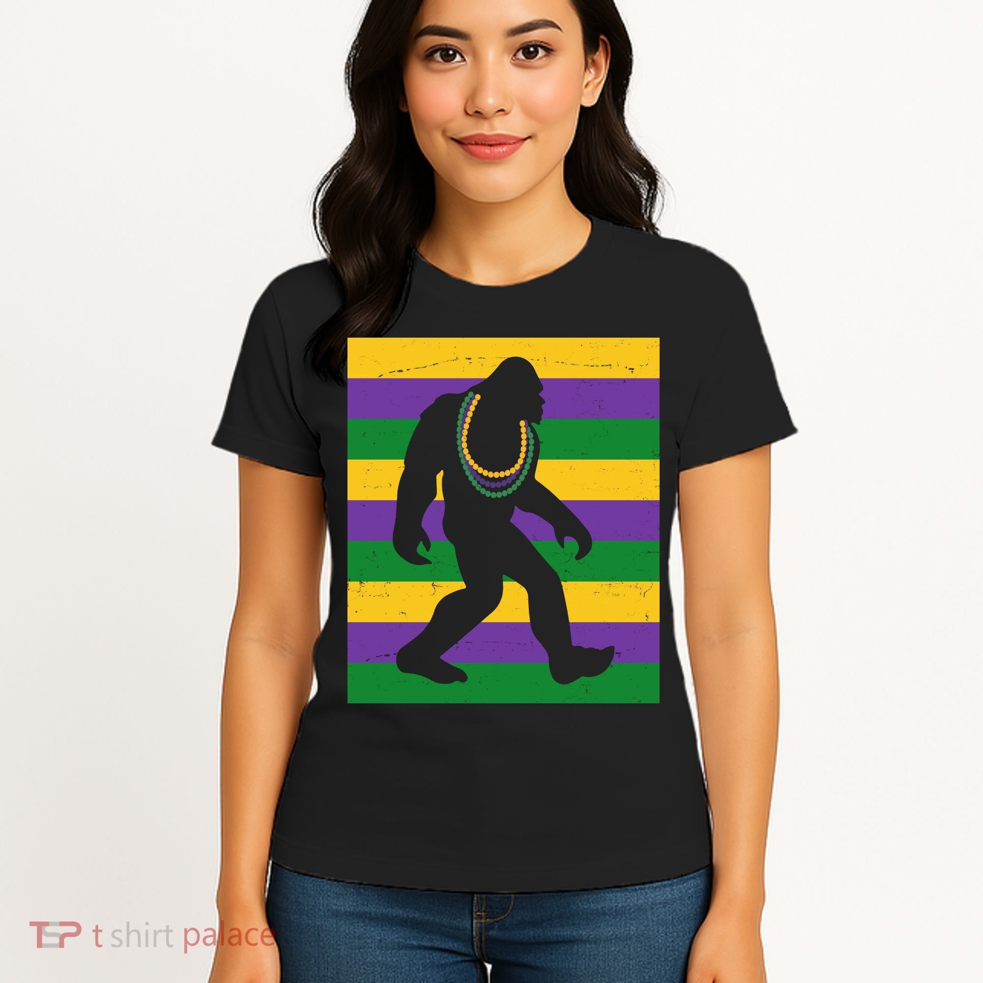 Bigfoot Mardi Gras Festive Women's T-Shirt