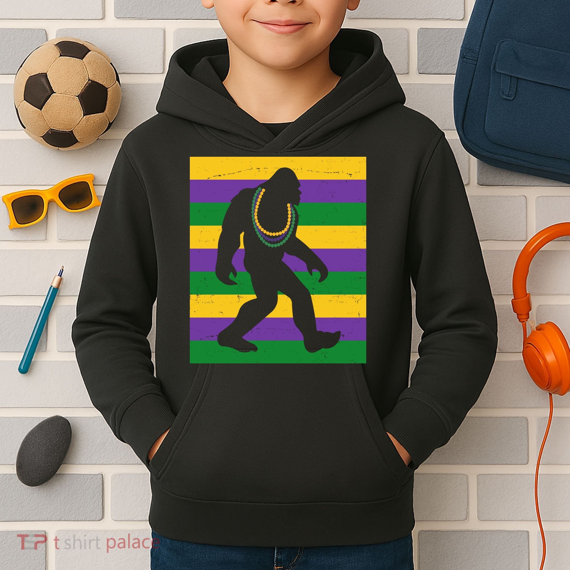 Bigfoot Mardi Gras Festive Kids Hoodie