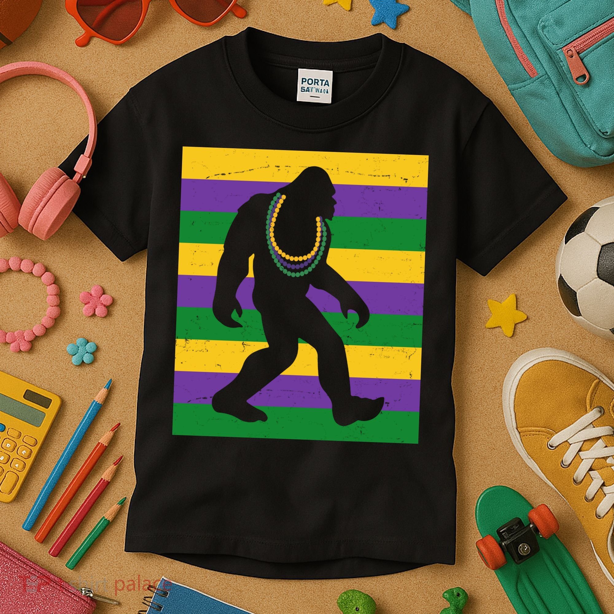 Bigfoot Mardi Gras Festive Kids T-Shirt