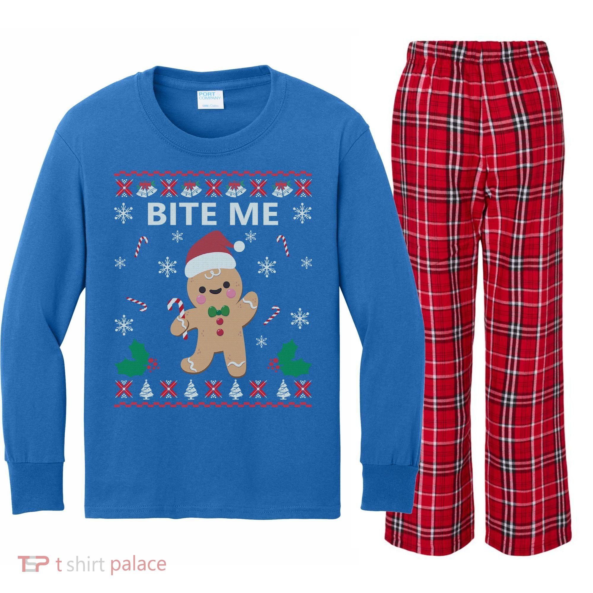 Bite Me Gingerbread Ugly Christmas Sweater Funny Gift Meaningful Gift Kids Long Sleeve Plaid Pajama Set