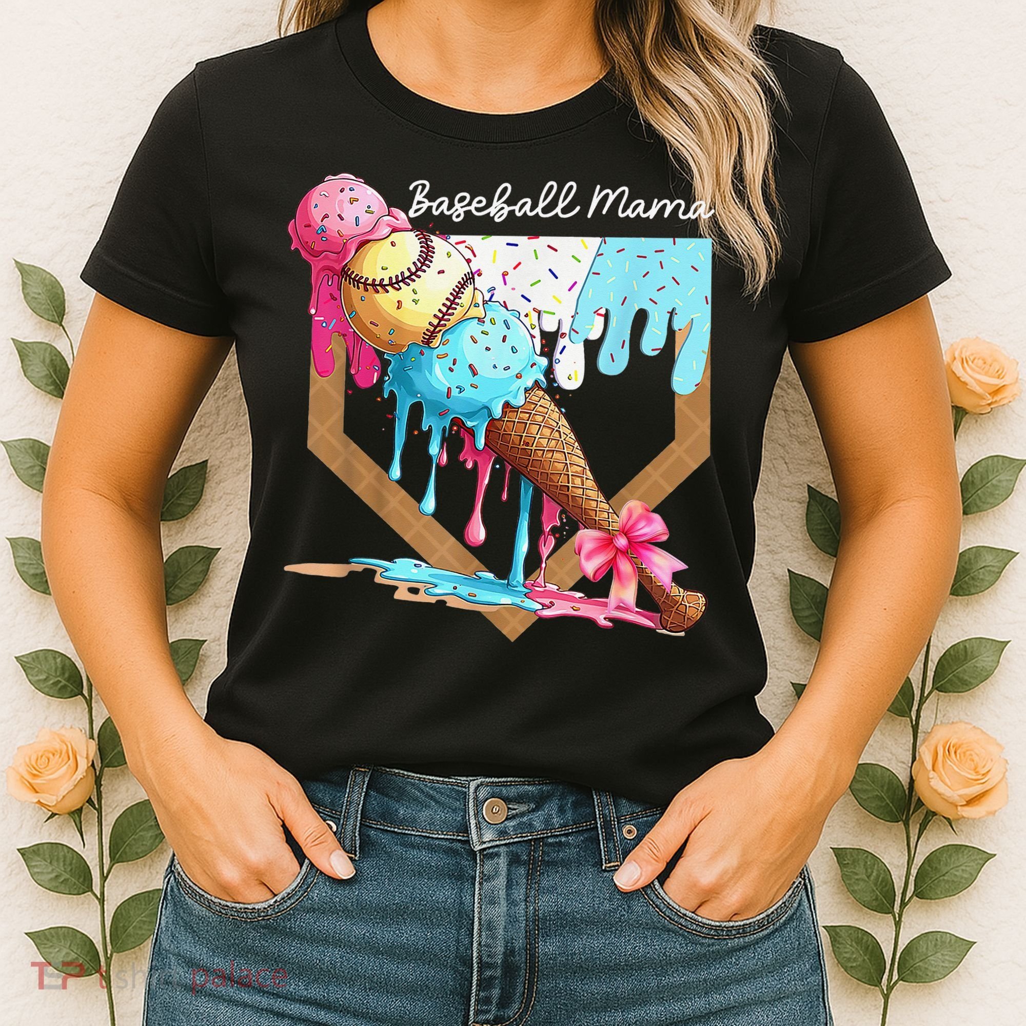 Baseball Mama Ice Cream Drip Baseball Mothers Day Coquette Women's T-Shirt