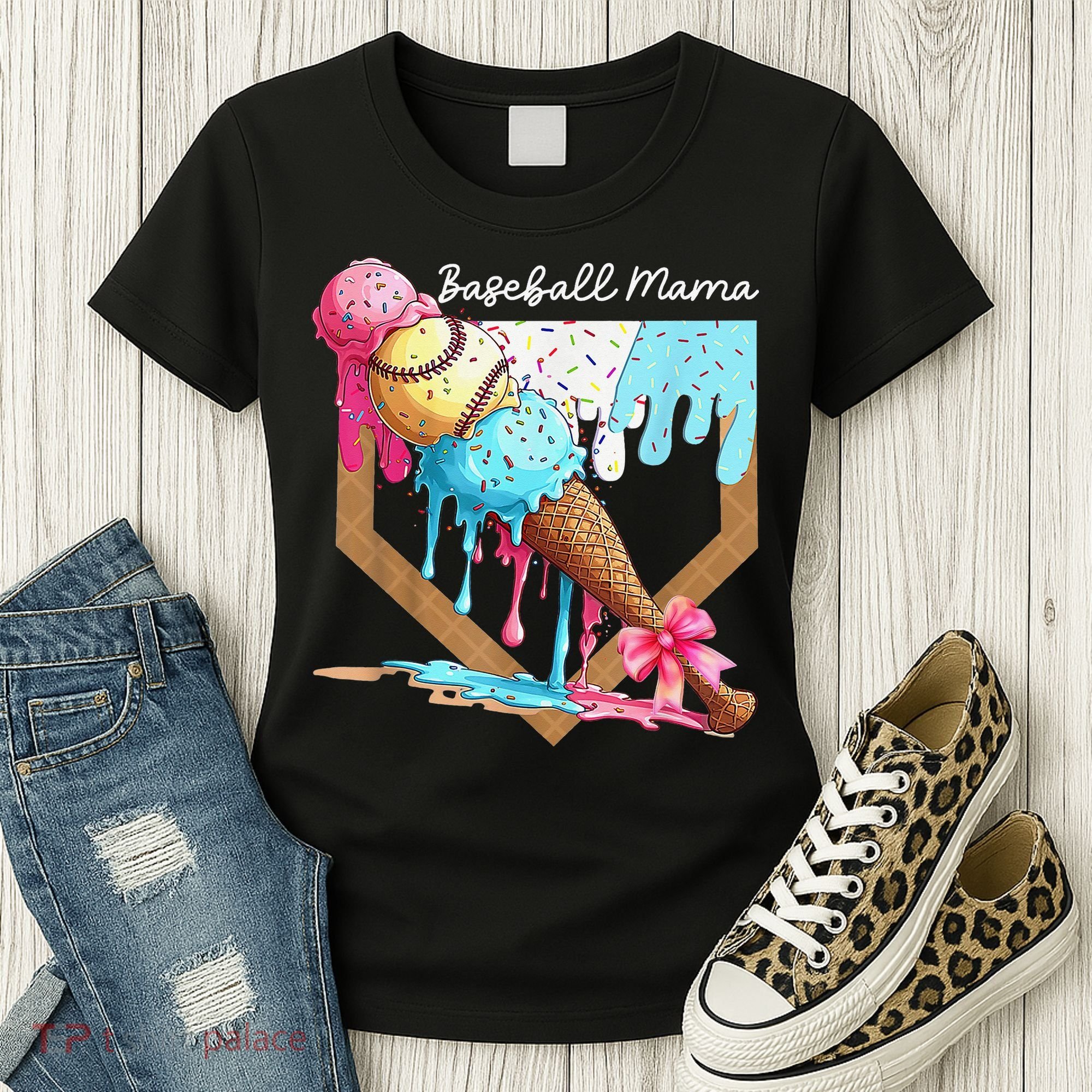 Baseball Mama Ice Cream Drip Baseball Mothers Day Coquette Women's T-Shirt