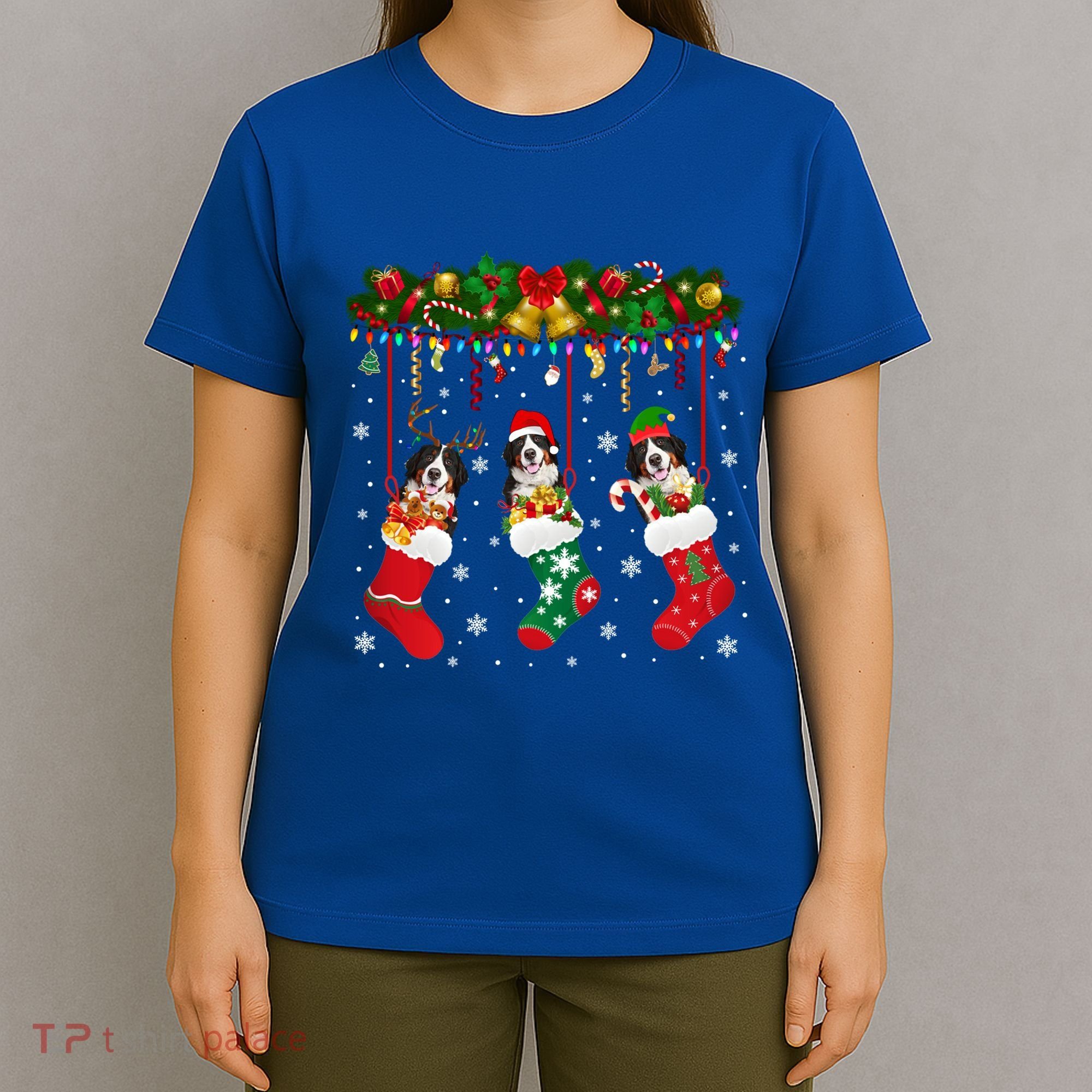Bernese Mountain In Sock Xmas Reindeer Santa Elf Dog Gift T-Shirt