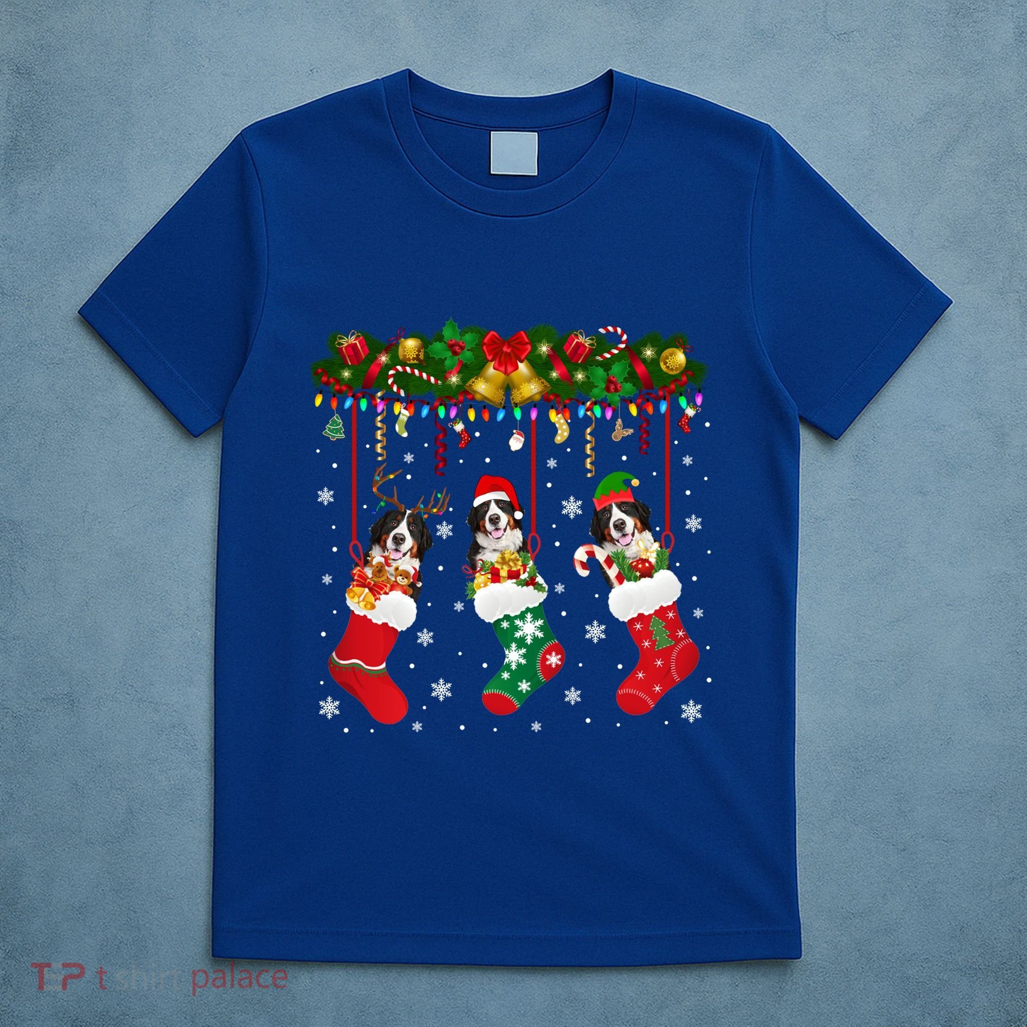 Bernese Mountain In Sock Xmas Reindeer Santa Elf Dog Gift T-Shirt