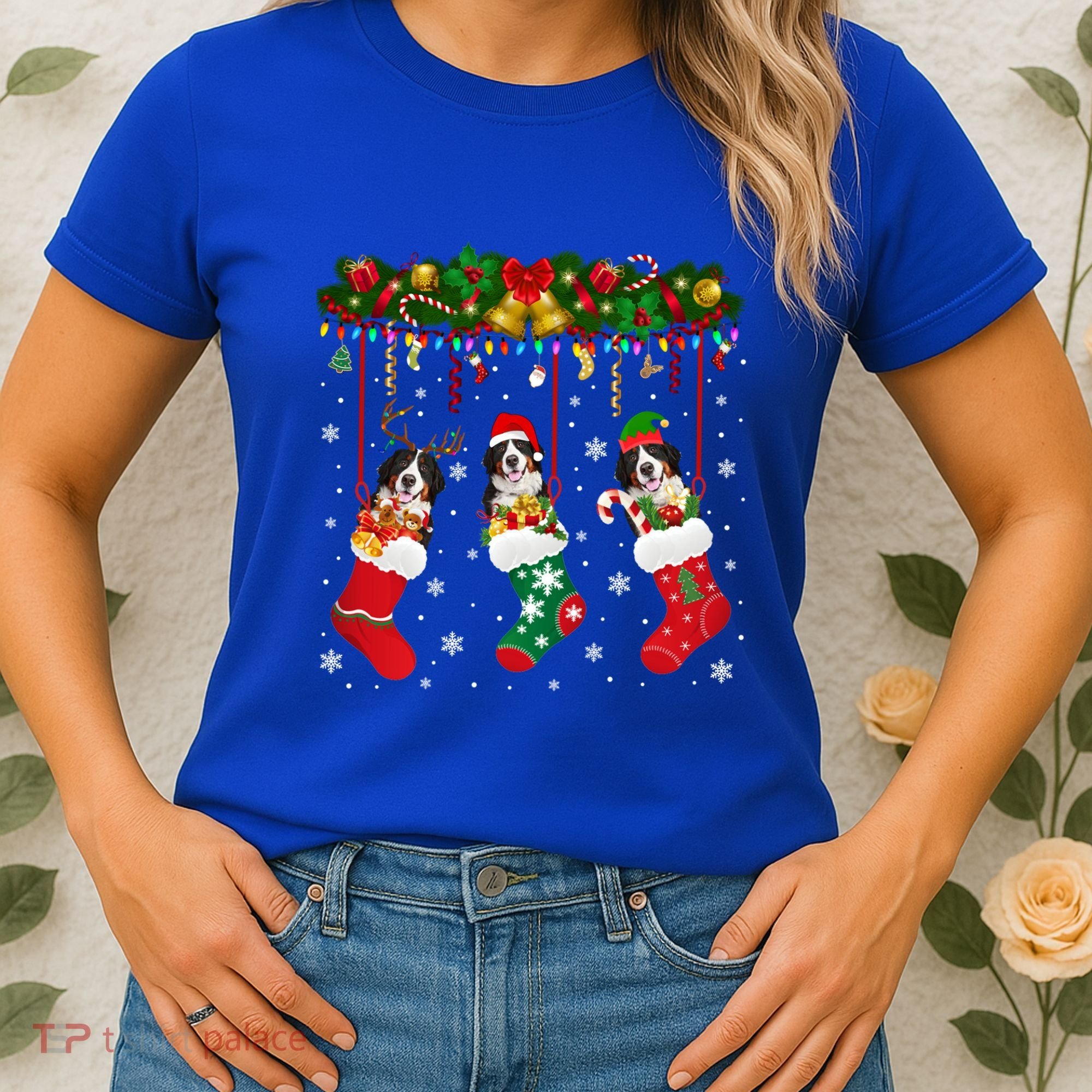 Bernese Mountain In Sock Xmas Reindeer Santa Elf Dog Gift Women's T-Shirt