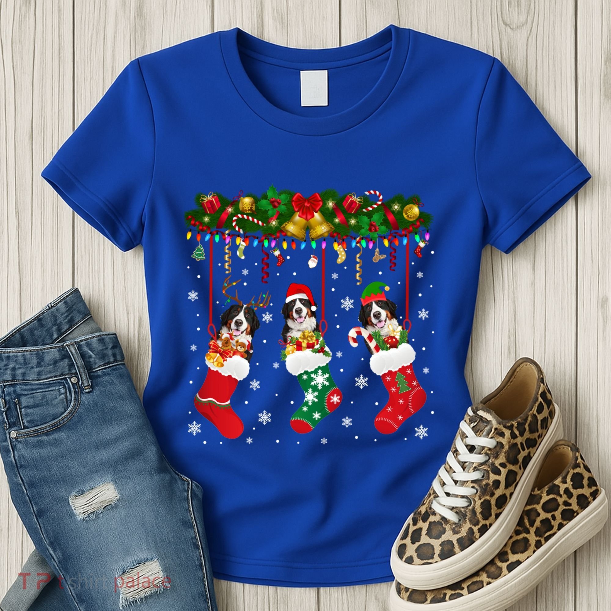 Bernese Mountain In Sock Xmas Reindeer Santa Elf Dog Gift Women's T-Shirt
