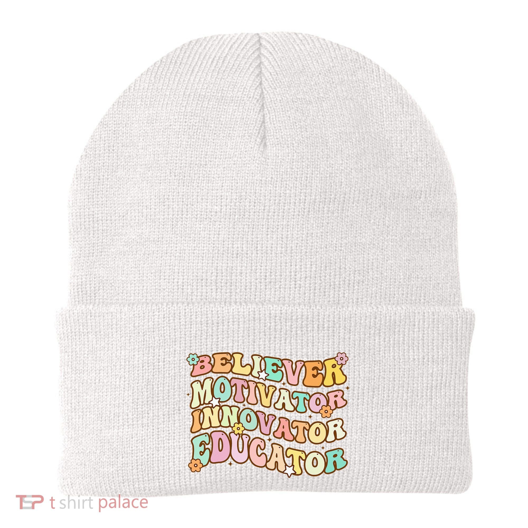 Believer Motivator Innovator Educator Retro Teacher Gifts Beanie