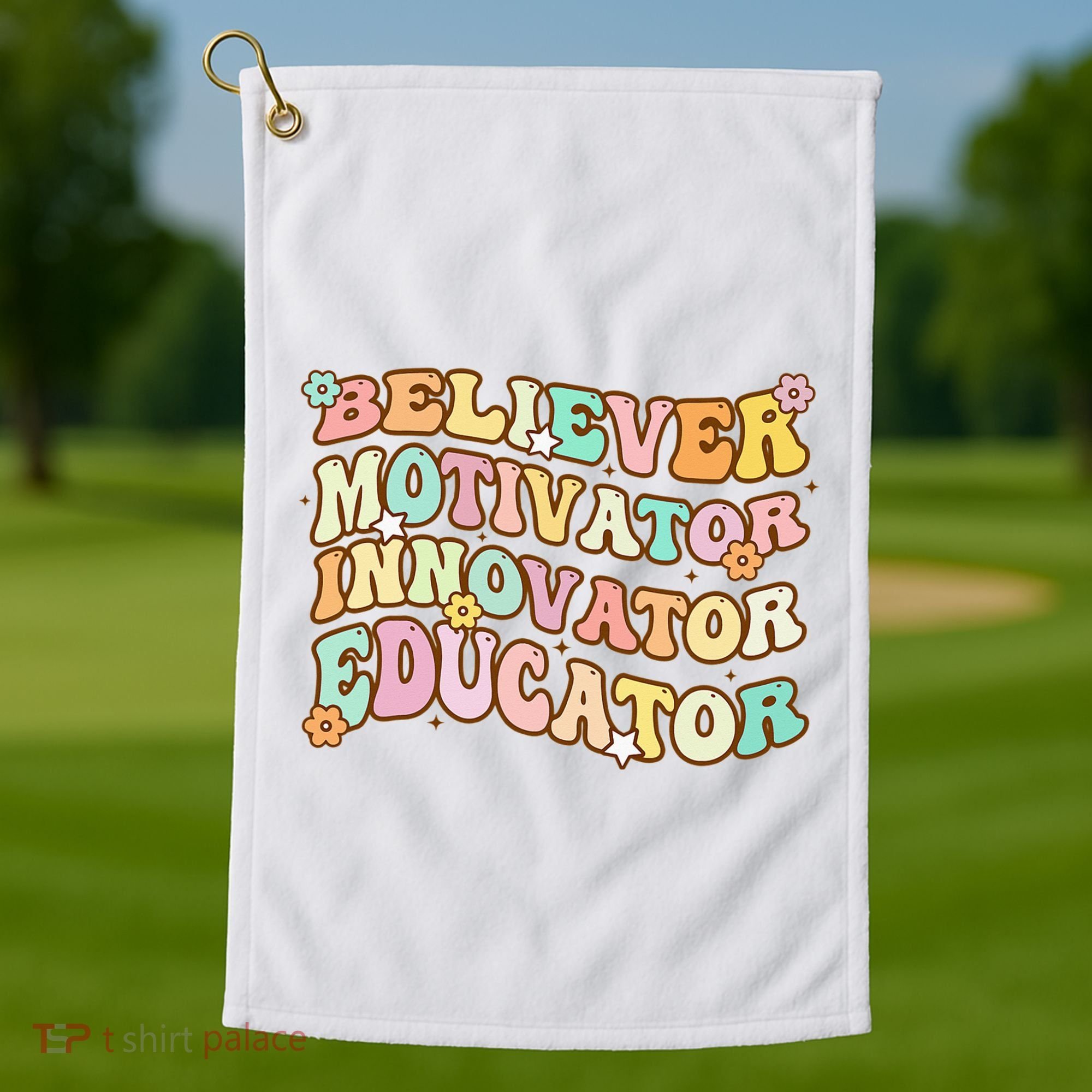Believer Motivator Innovator Educator Retro Teacher Gifts Golf Towel