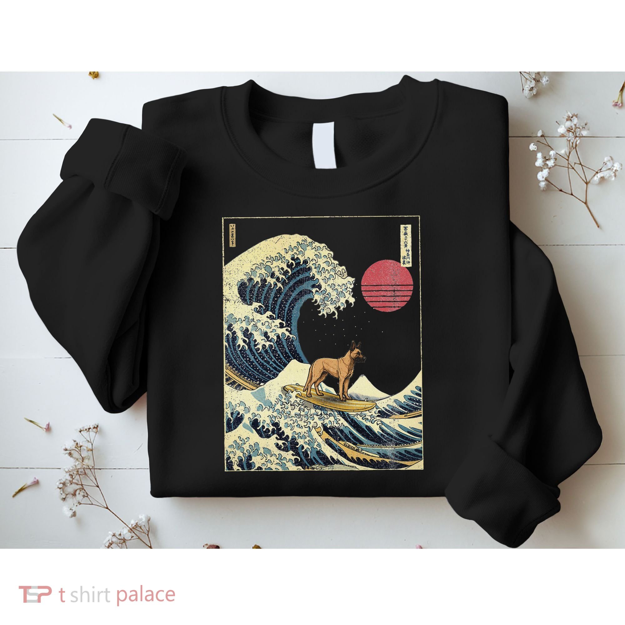Belgian Malinois Japanese Kanagawa Wave Funny Surf Dog Sweatshirt