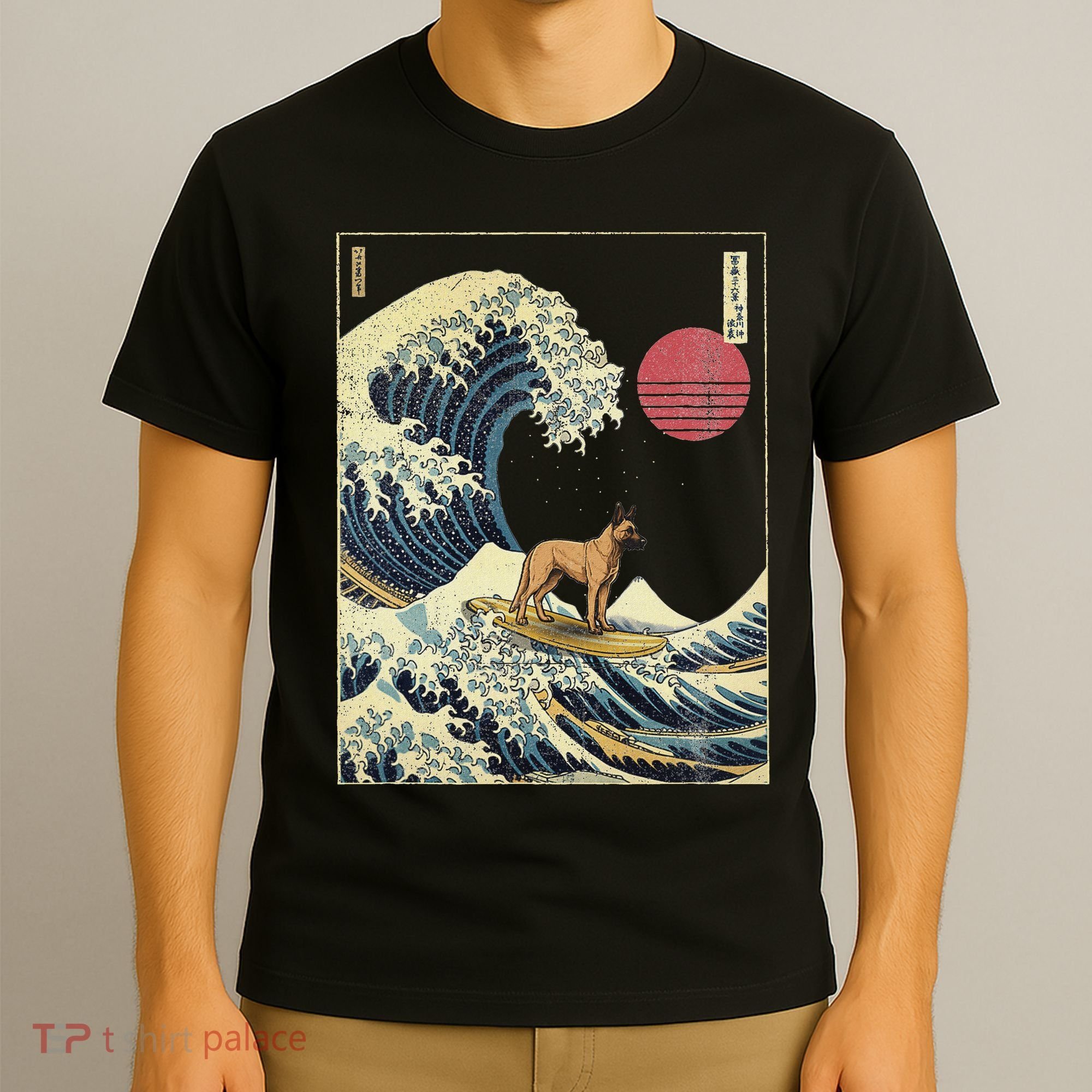 Belgian Malinois Japanese Kanagawa Wave Funny Surf Dog T-Shirt