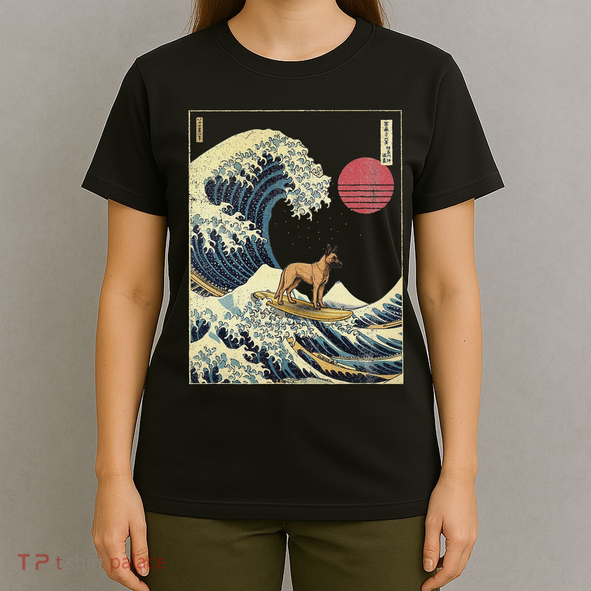 Belgian Malinois Japanese Kanagawa Wave Funny Surf Dog T-Shirt