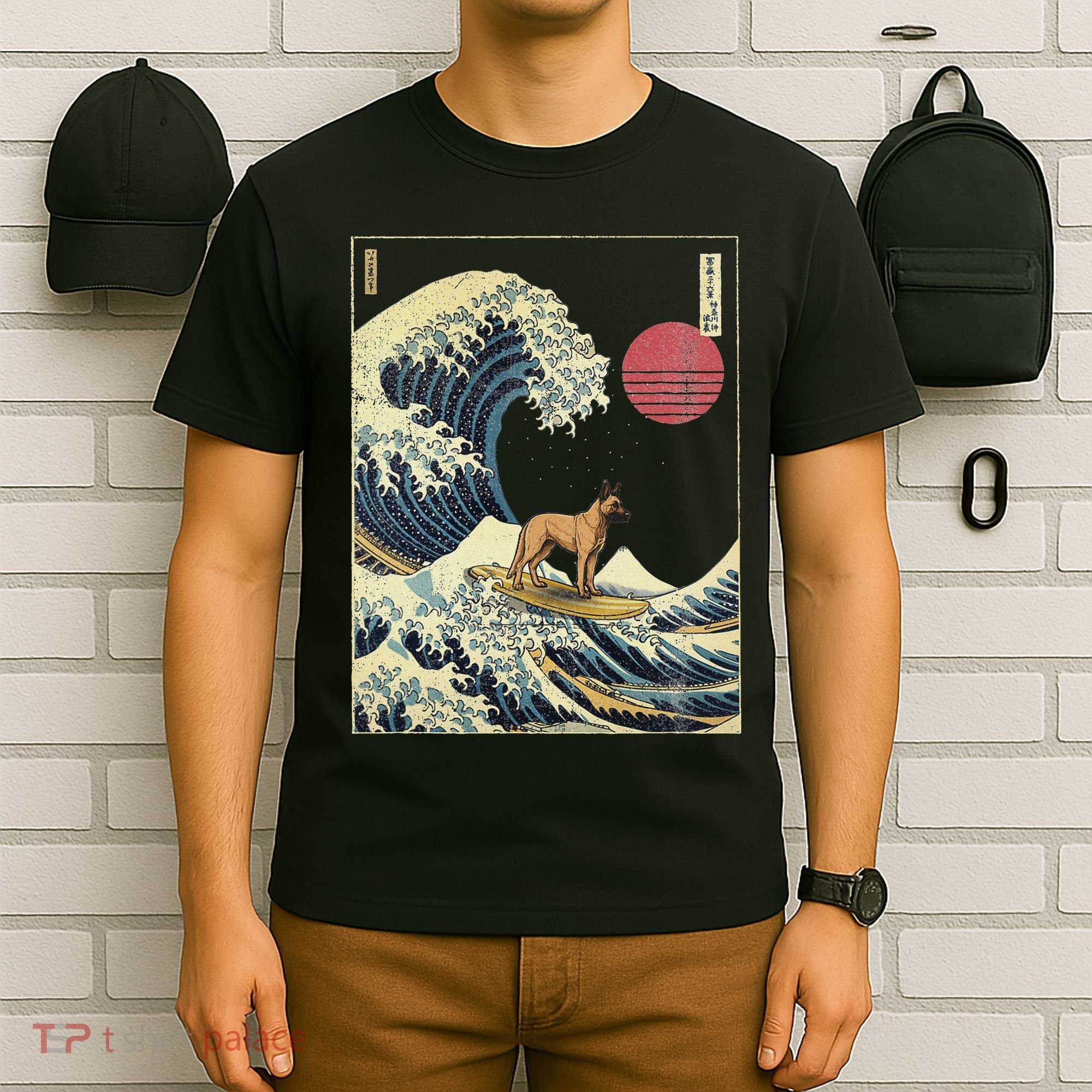 Belgian Malinois Japanese Kanagawa Wave Funny Surf Dog T-Shirt
