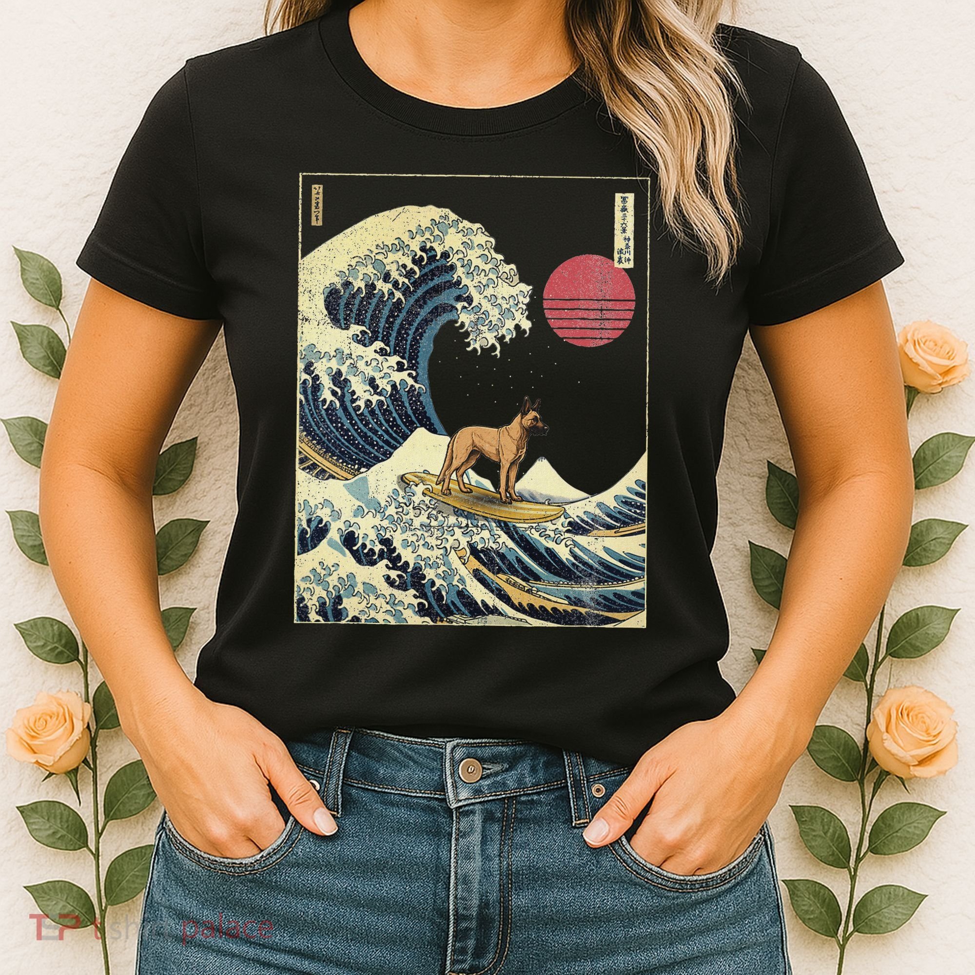 Belgian Malinois Japanese Kanagawa Wave Funny Surf Dog Women's T-Shirt