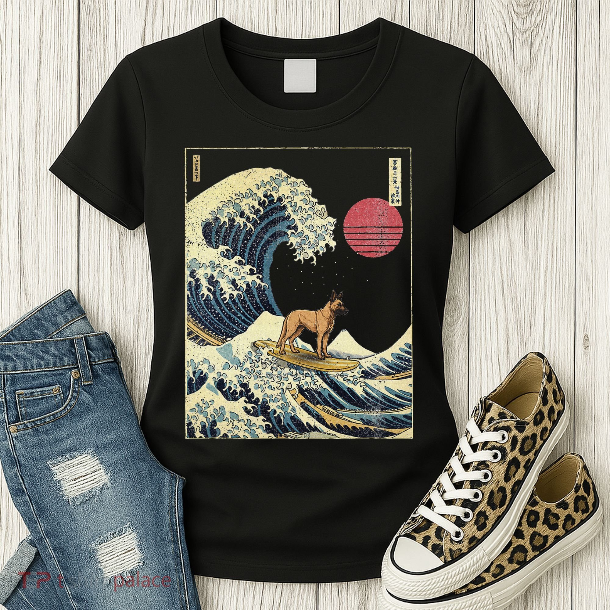 Belgian Malinois Japanese Kanagawa Wave Funny Surf Dog Women's T-Shirt